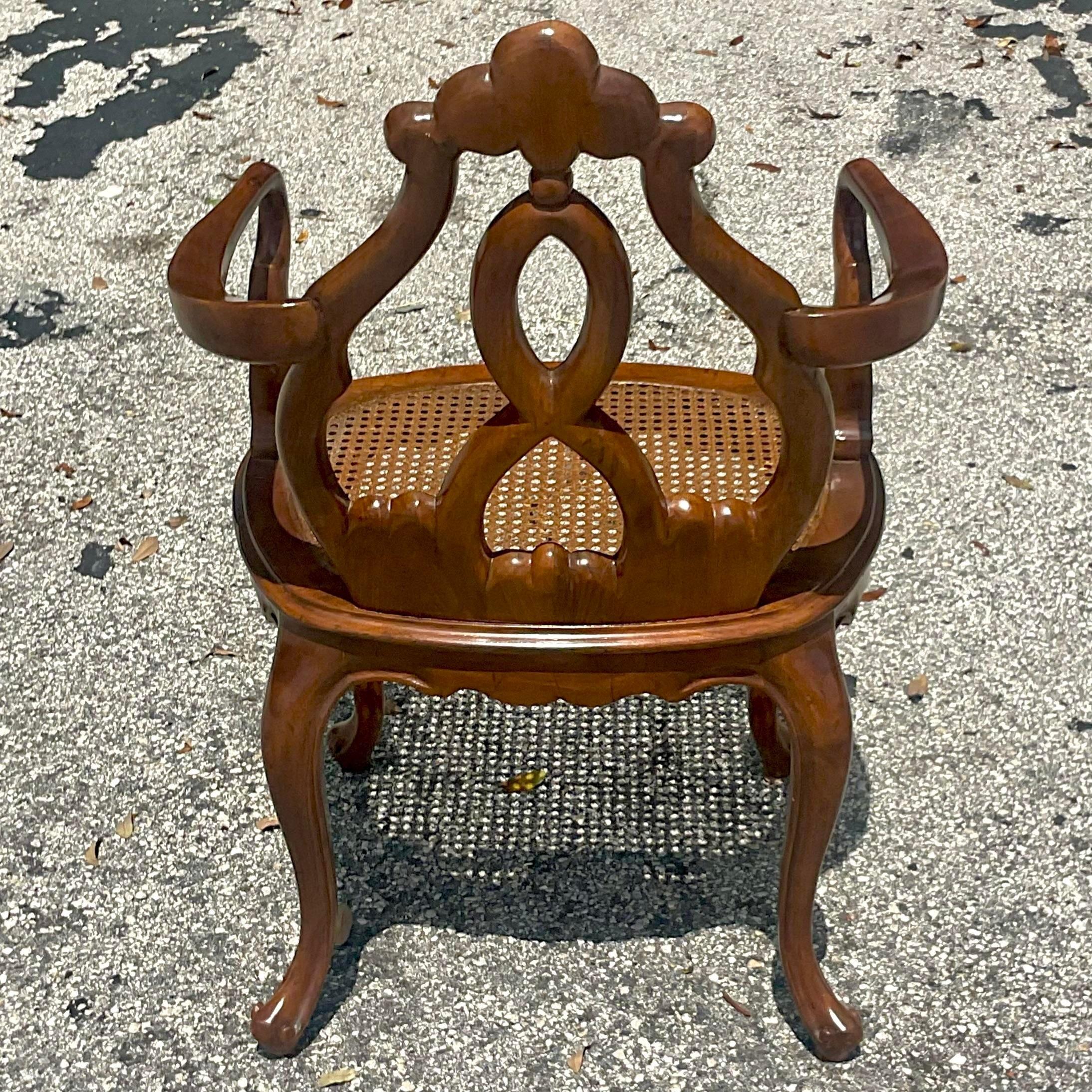 Vintage Boho Italian Fruitwood Venetian Style Cane Chair In Good Condition For Sale In west palm beach, FL