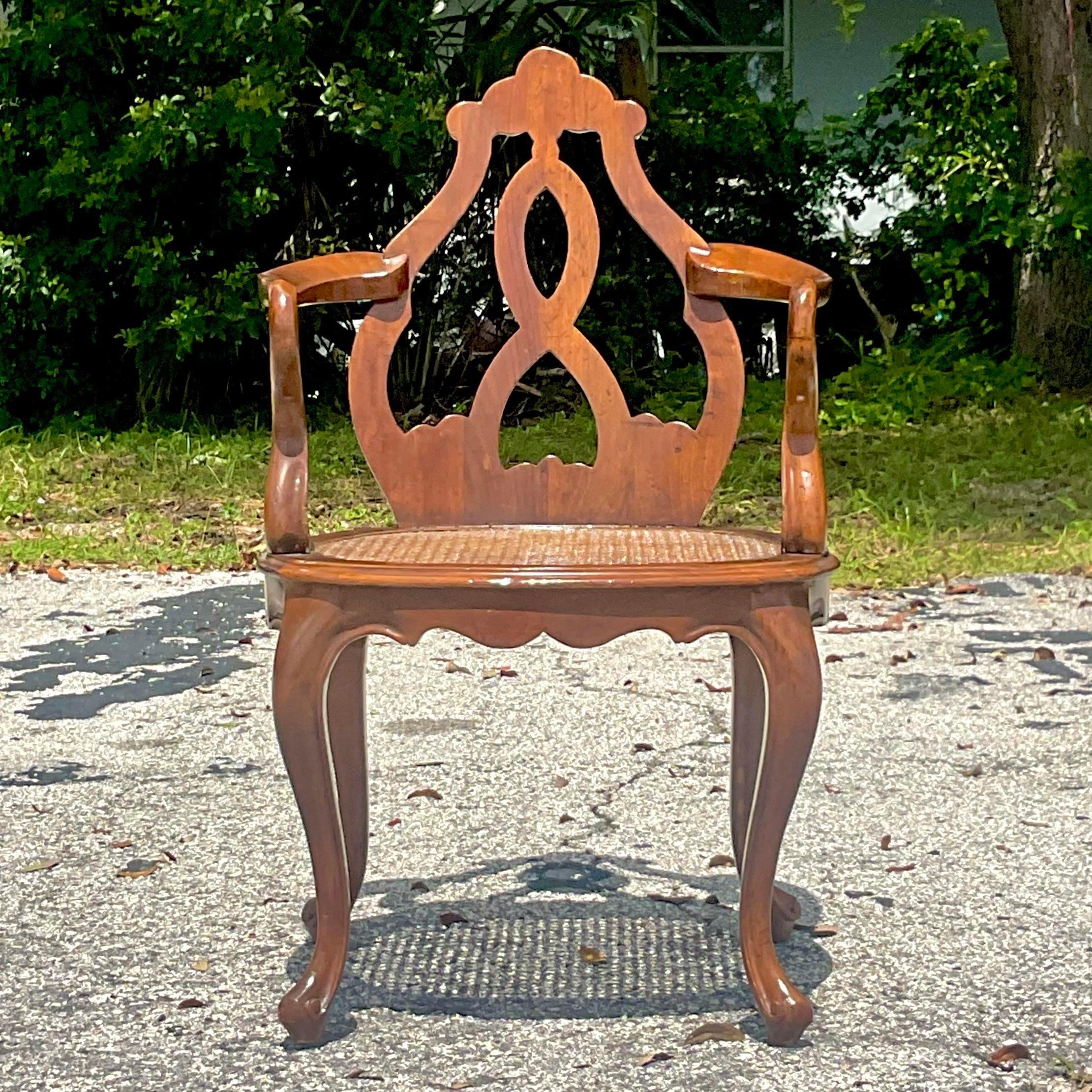 20th Century Vintage Boho Italian Fruitwood Venetian Style Cane Chair For Sale