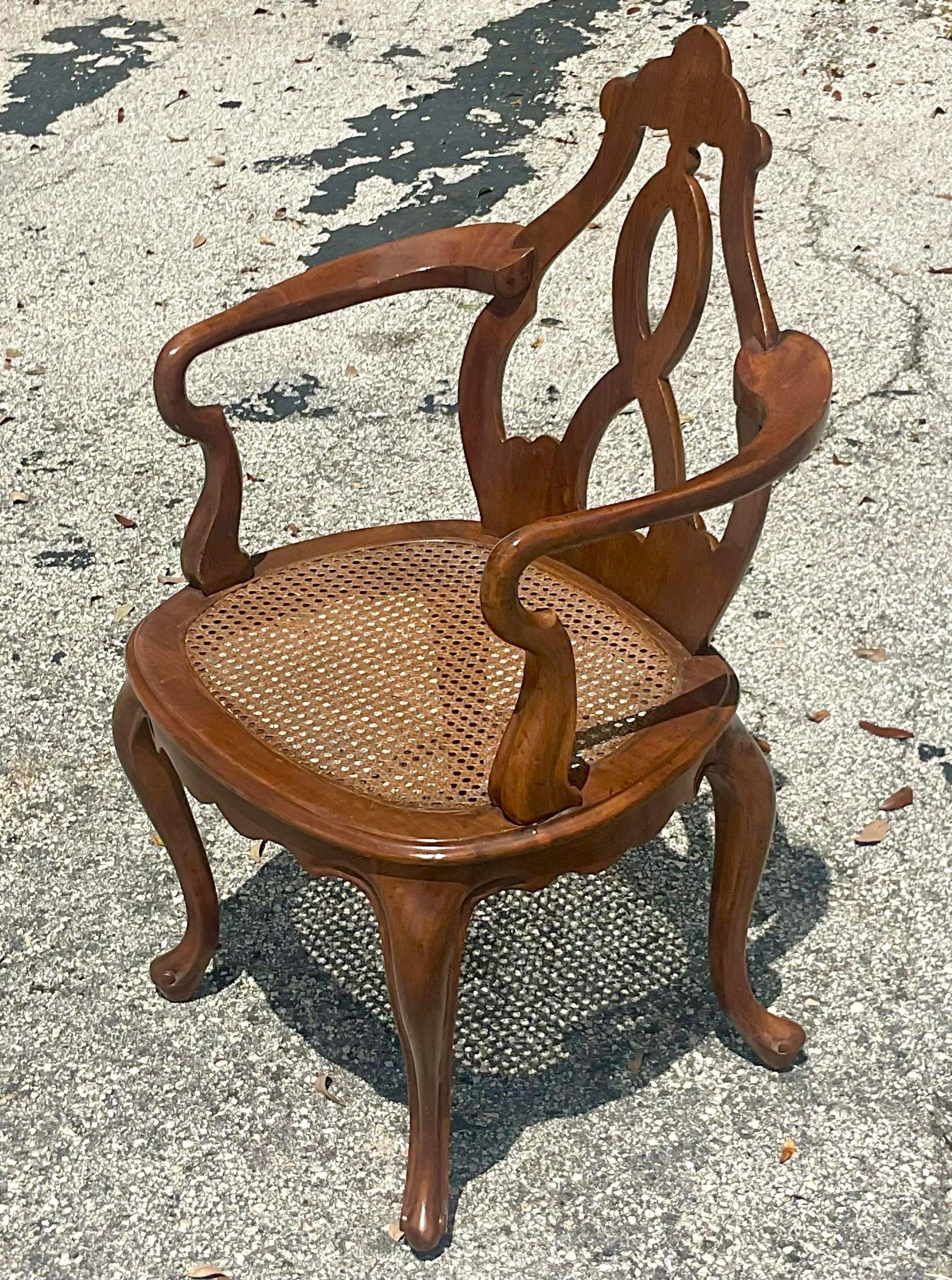 Vintage Boho Italian Fruitwood Venetian Style Cane Chair For Sale 1