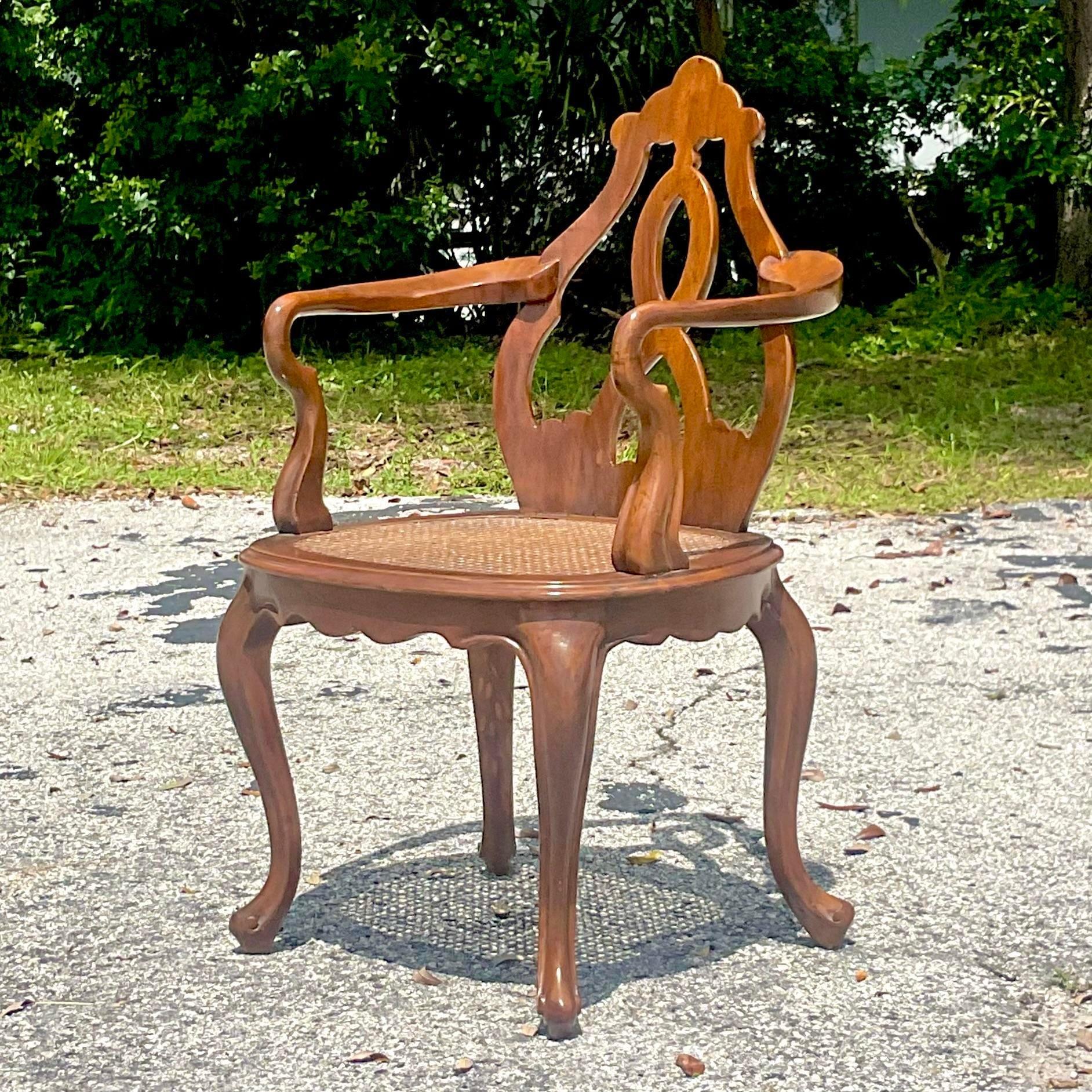 Vintage Boho Italian Fruitwood Venetian Style Cane Chair For Sale 3