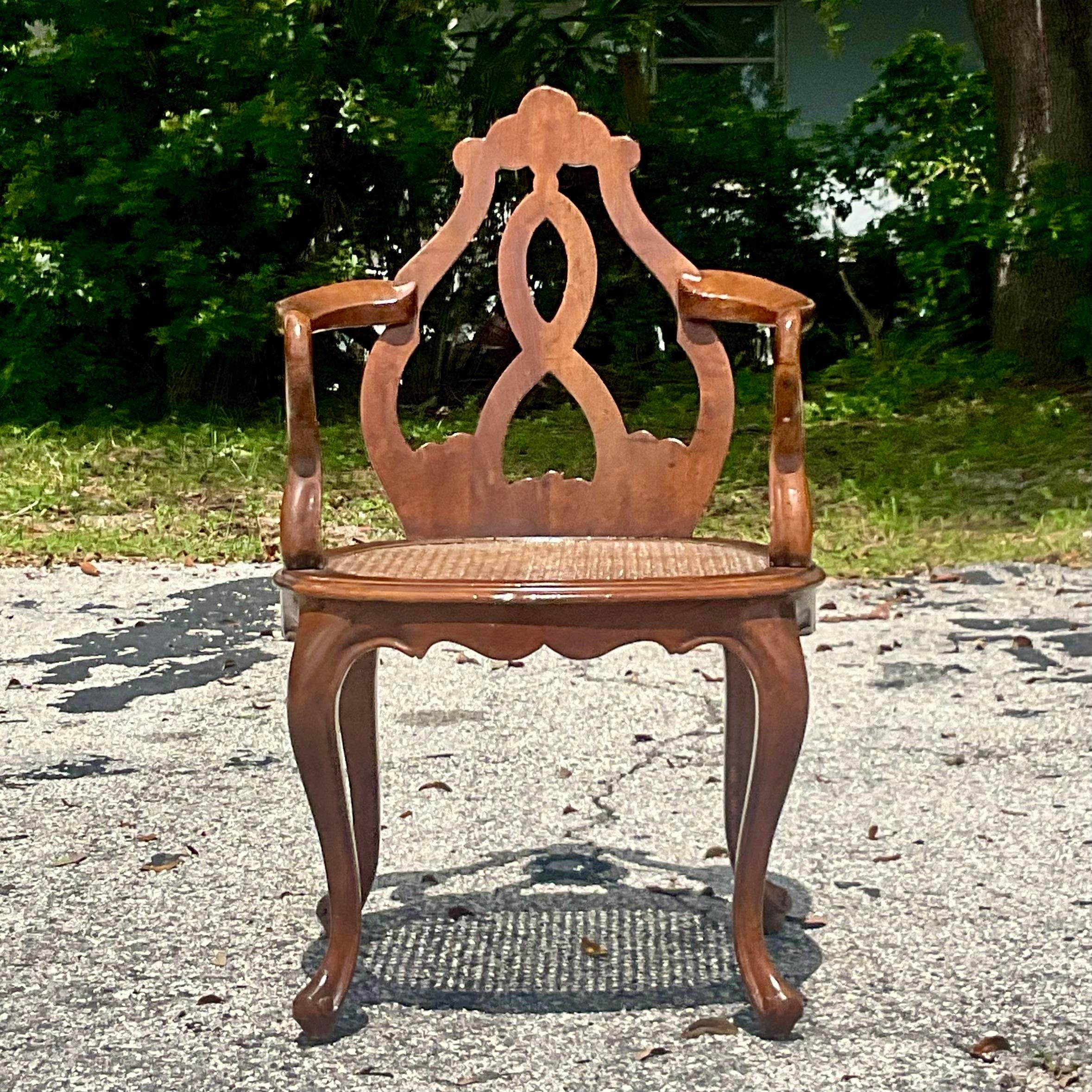 Vintage Boho Italian Fruitwood Venetian Style Cane Chair For Sale 4