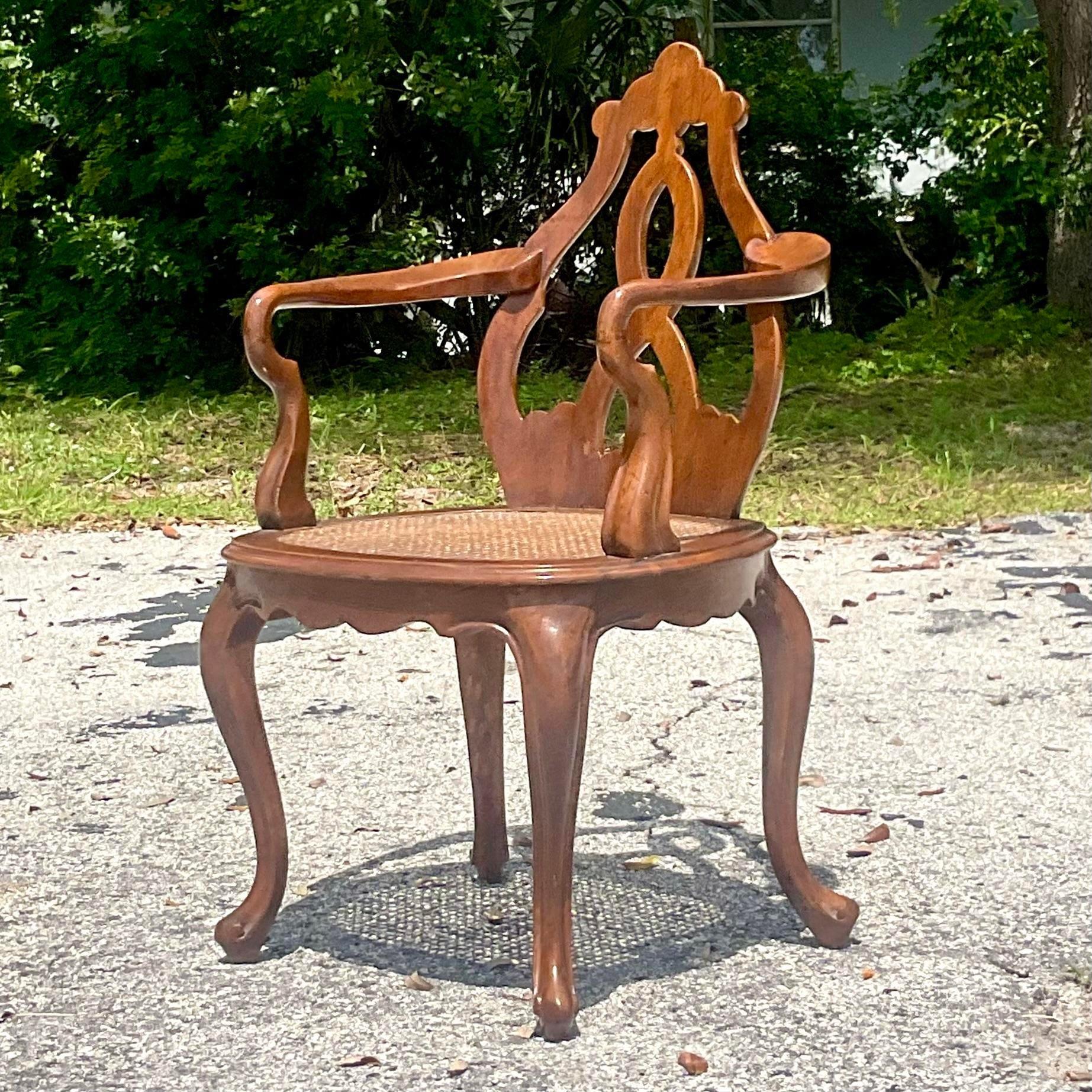 Vintage Boho Italian Fruitwood Venetian Style Cane Chair For Sale 5