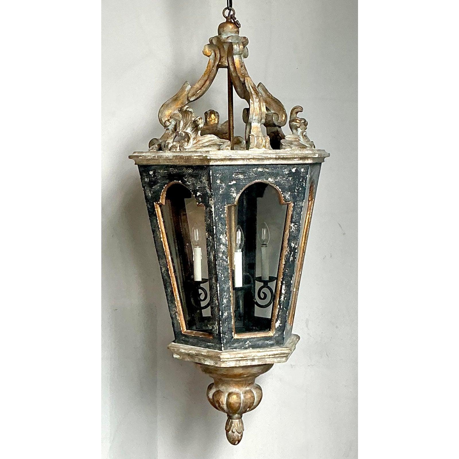 Vintage Boho Italienisch Gesso über Holz Laterne (Metall) im Angebot