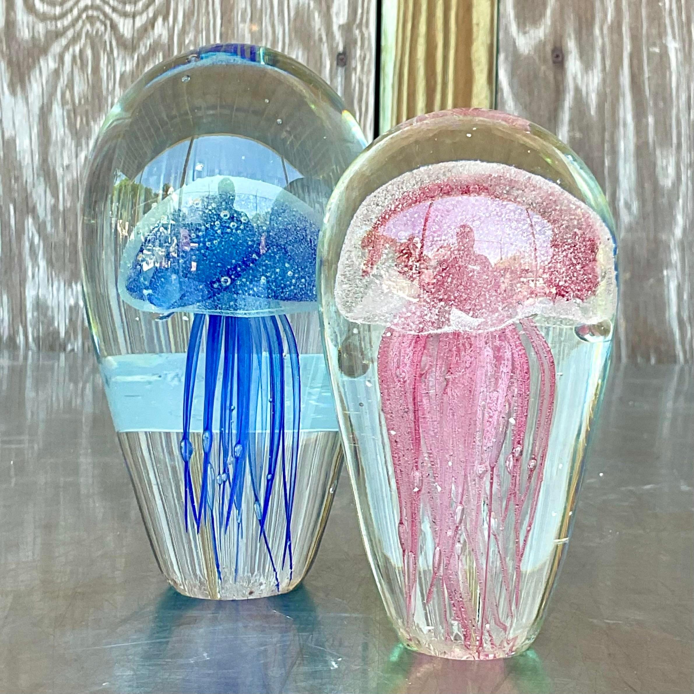 Vintage Boho Italian Glass Jellyfish After Murano - Set of 2 In Good Condition For Sale In west palm beach, FL