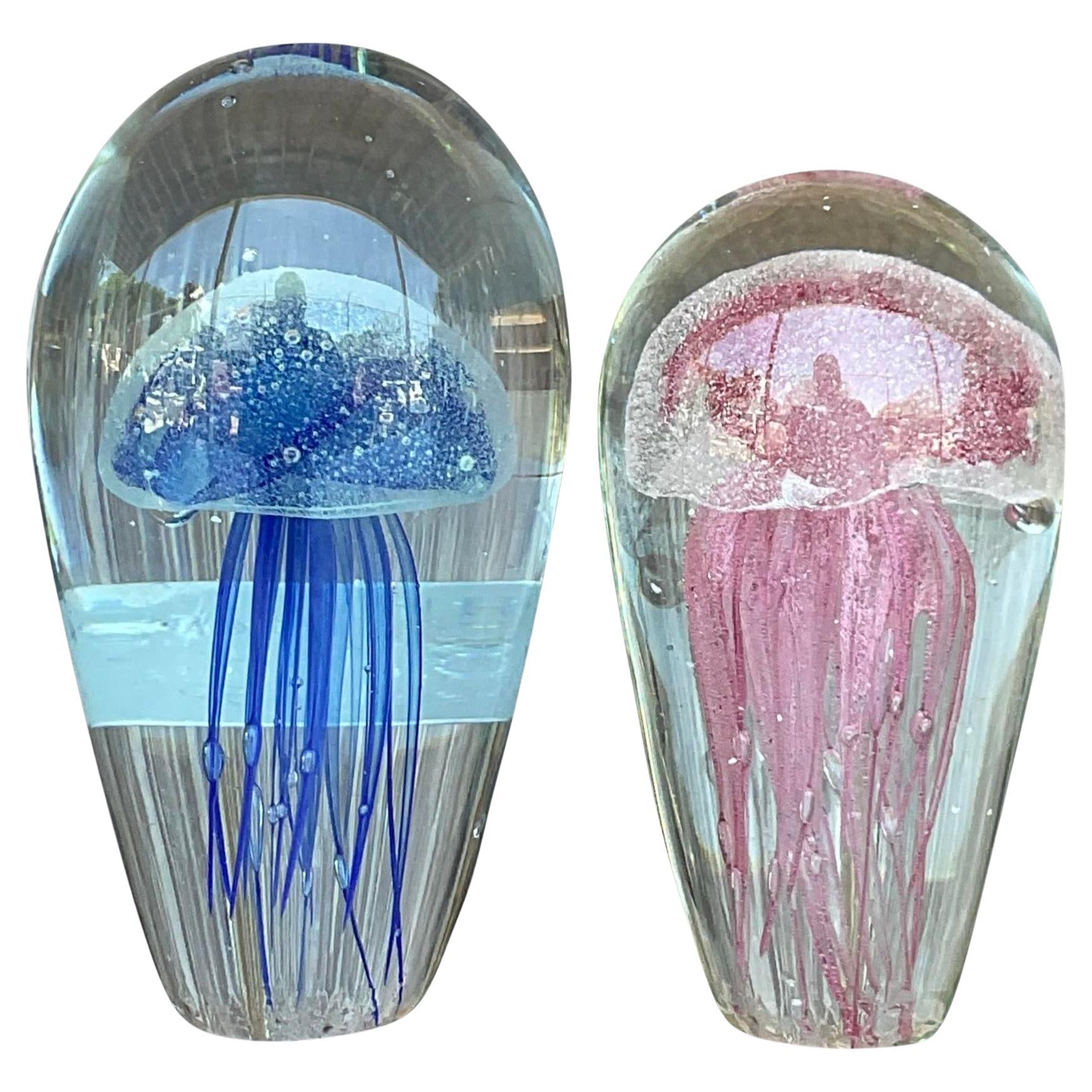 Vintage Boho Italian Glass Jellyfish After Murano - Set of 2 For Sale