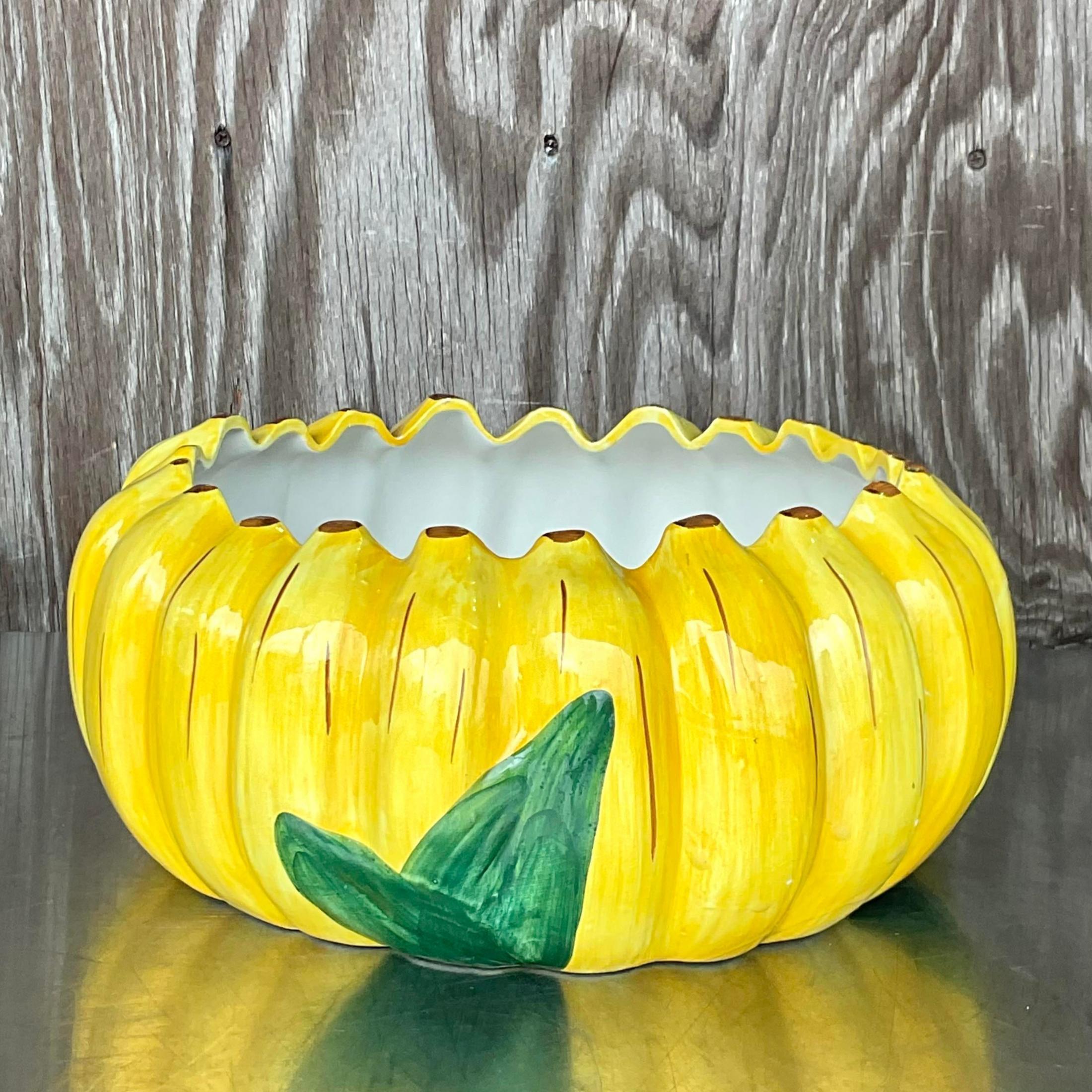 A fabulous vintage Boho centerpiece bowl. A bright and cheerful ring of bananas. Hand made in Italy. Acquired from a Palm Beach estate.