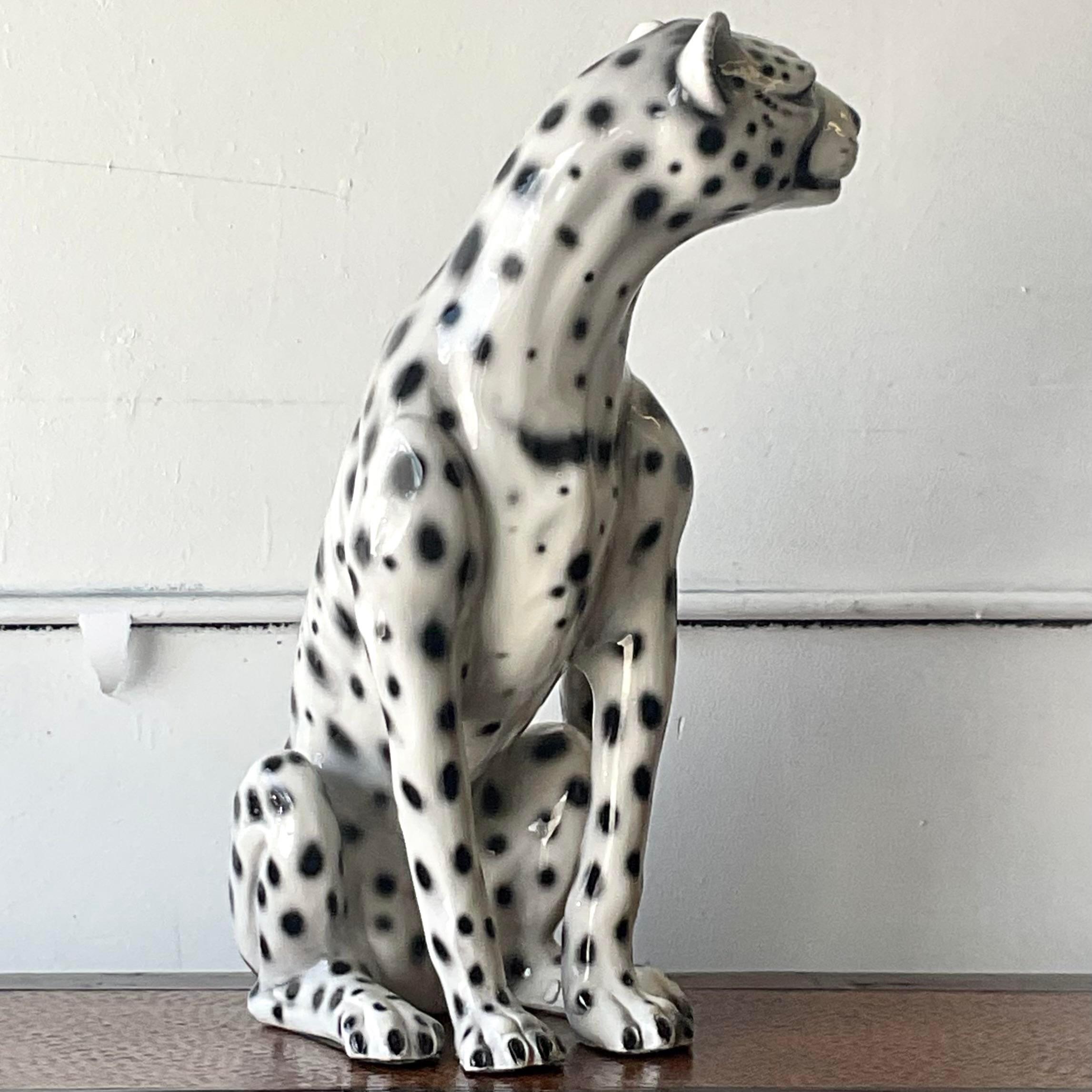 Vintage Boho Italian Glazed Ceramic Cheetah In Good Condition For Sale In west palm beach, FL