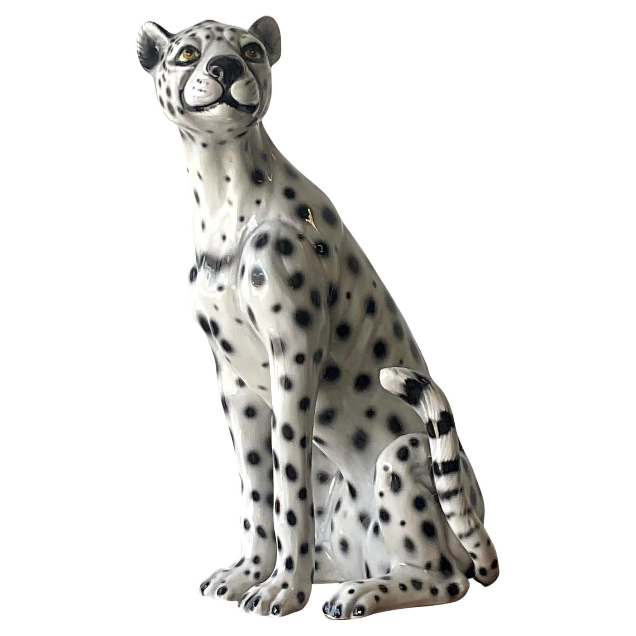 Vintage Boho Italian Glazed Ceramic Cheetah For Sale