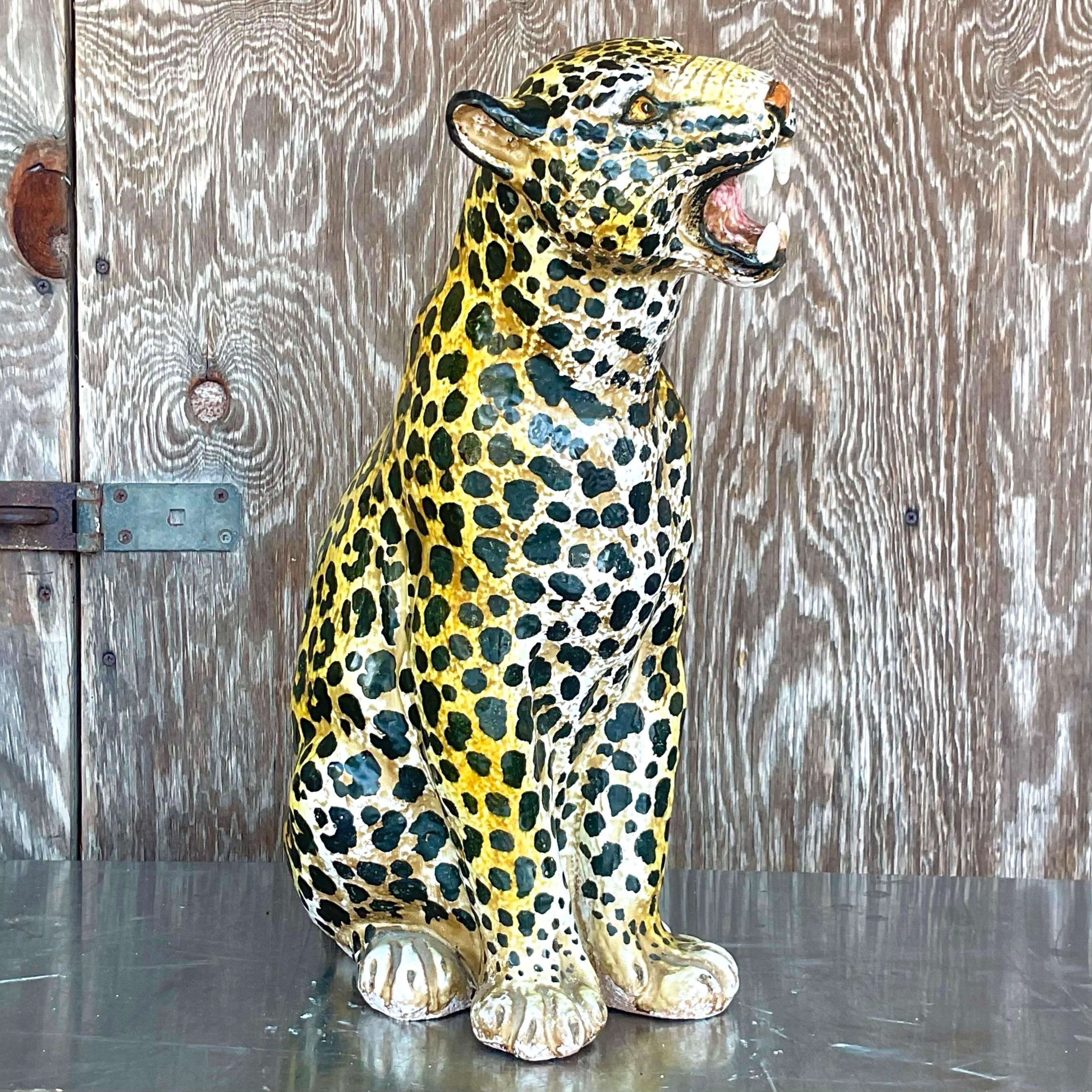Vintage Boho Italian Glazed Ceramic Leopard In Good Condition For Sale In west palm beach, FL