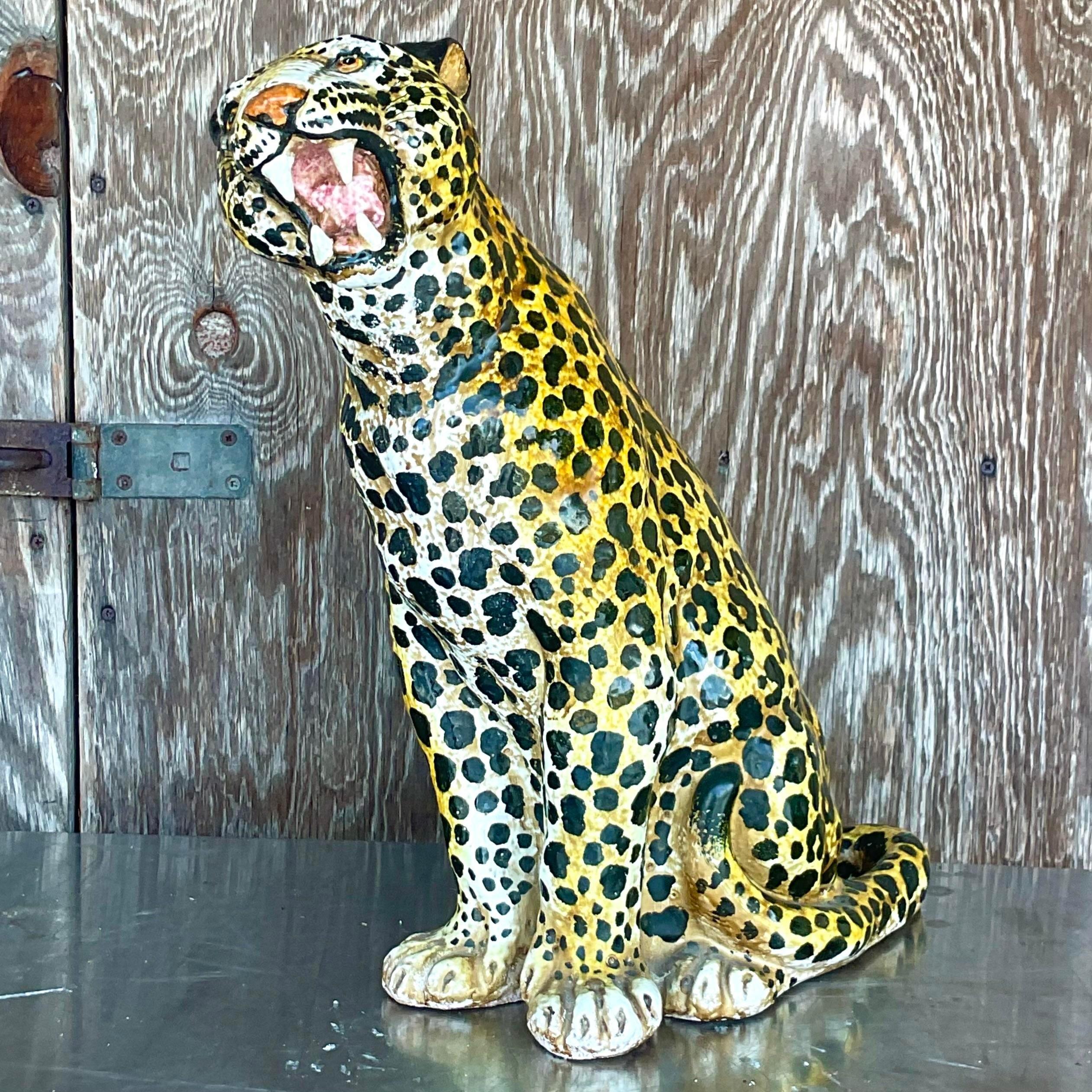20th Century Vintage Boho Italian Glazed Ceramic Leopard For Sale