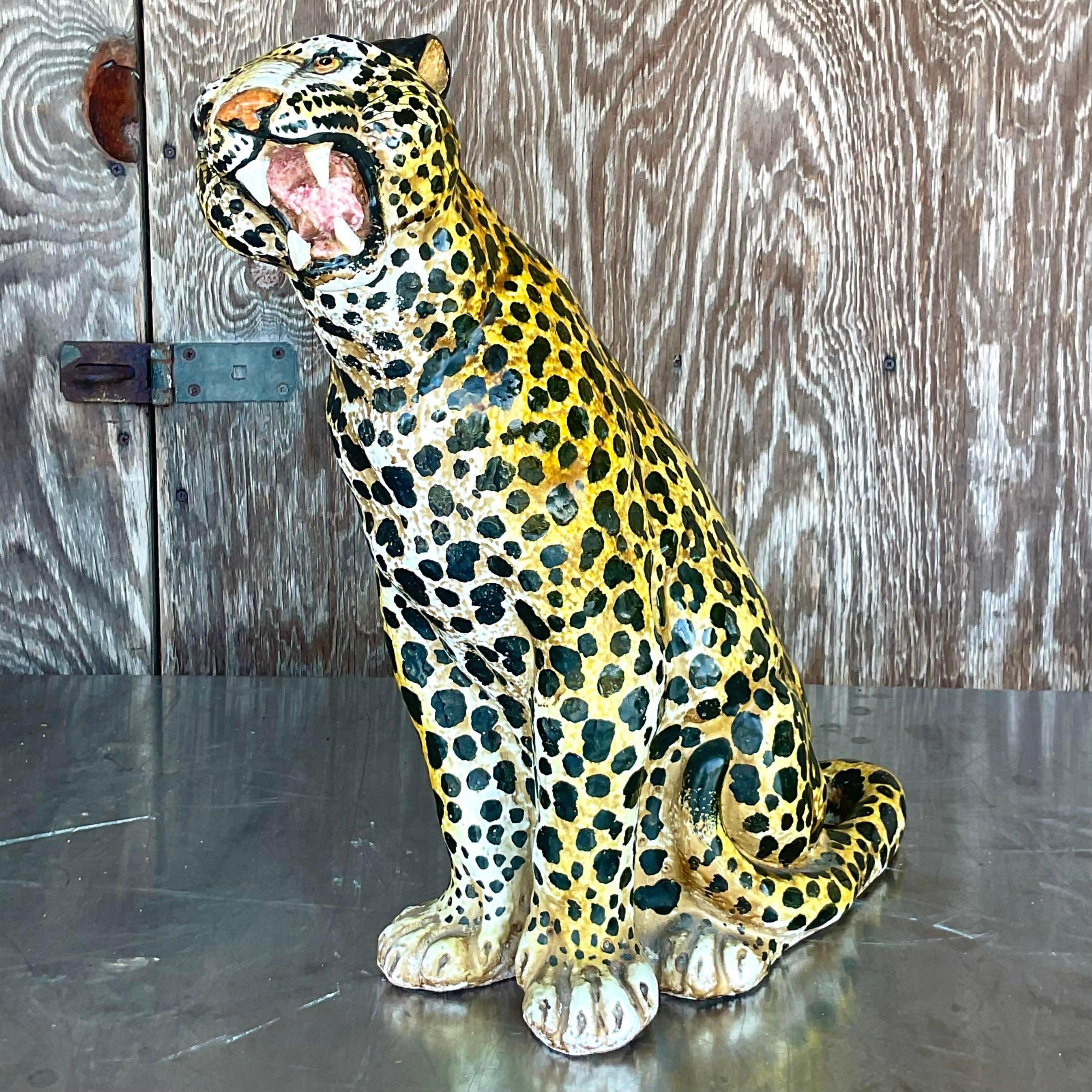 Vintage Boho Italian Glazed Ceramic Leopard For Sale 2