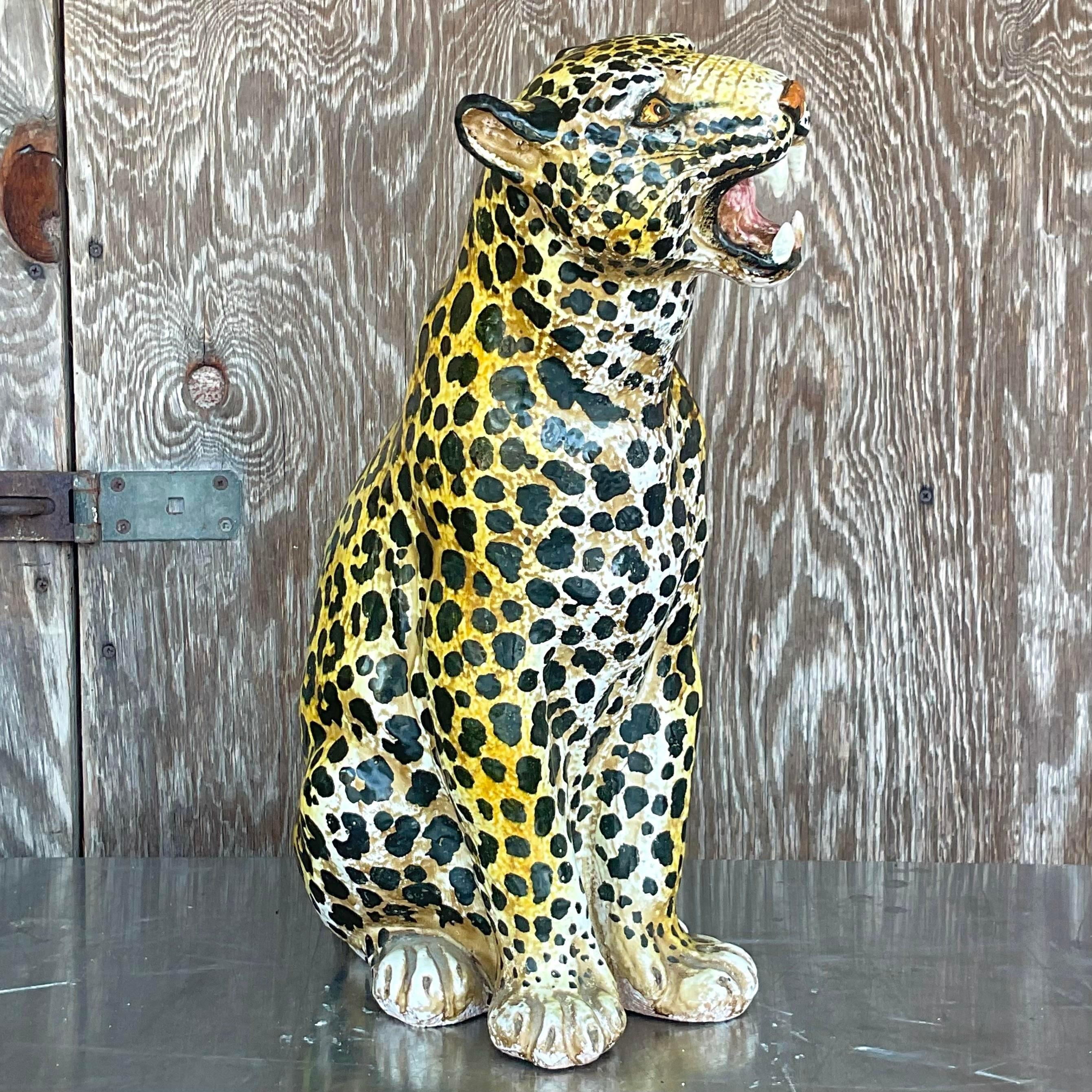 Vintage Boho Italian Glazed Ceramic Leopard For Sale 3