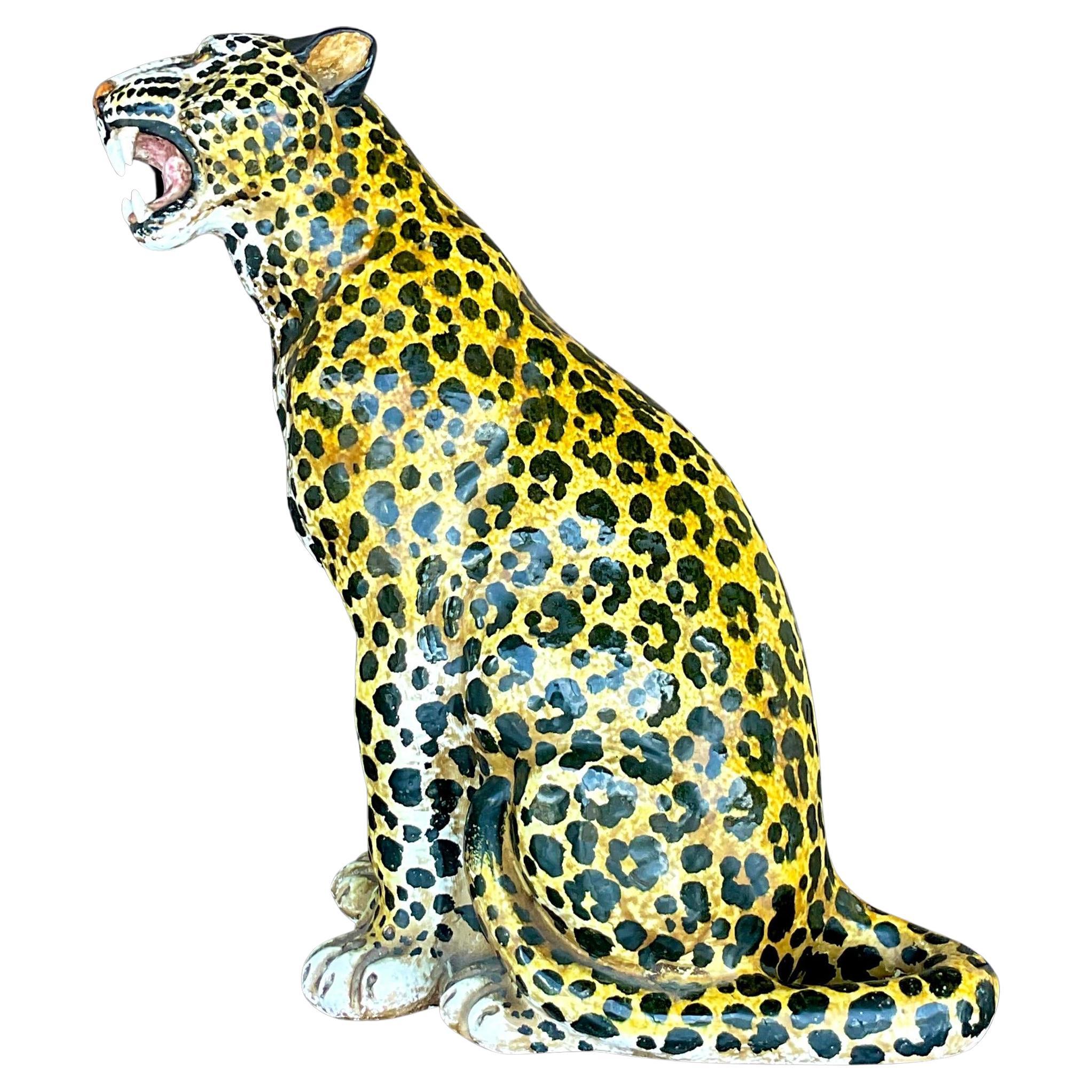 Vintage Boho Italian Glazed Ceramic Leopard For Sale