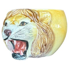 Vintage Boho Italian Glazed Ceramic Lion Planter