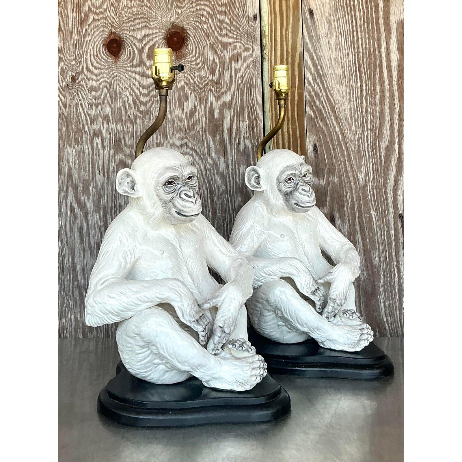 Vintage Boho Italian Glazed Ceramic Monkey Lamps - A Pair For Sale 5
