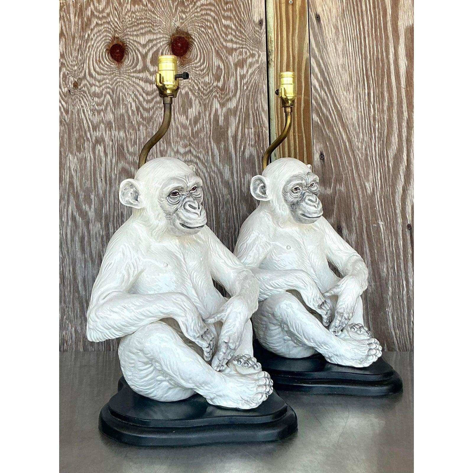 20th Century Vintage Boho Italian Glazed Ceramic Monkey Lamps - A Pair For Sale