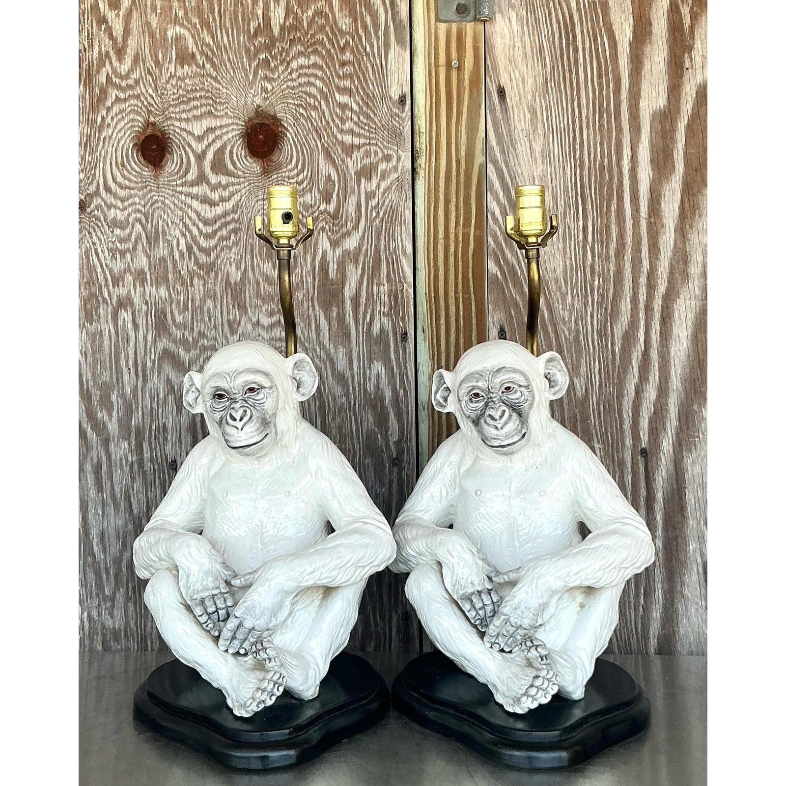Metal Vintage Boho Italian Glazed Ceramic Monkey Lamps - A Pair For Sale