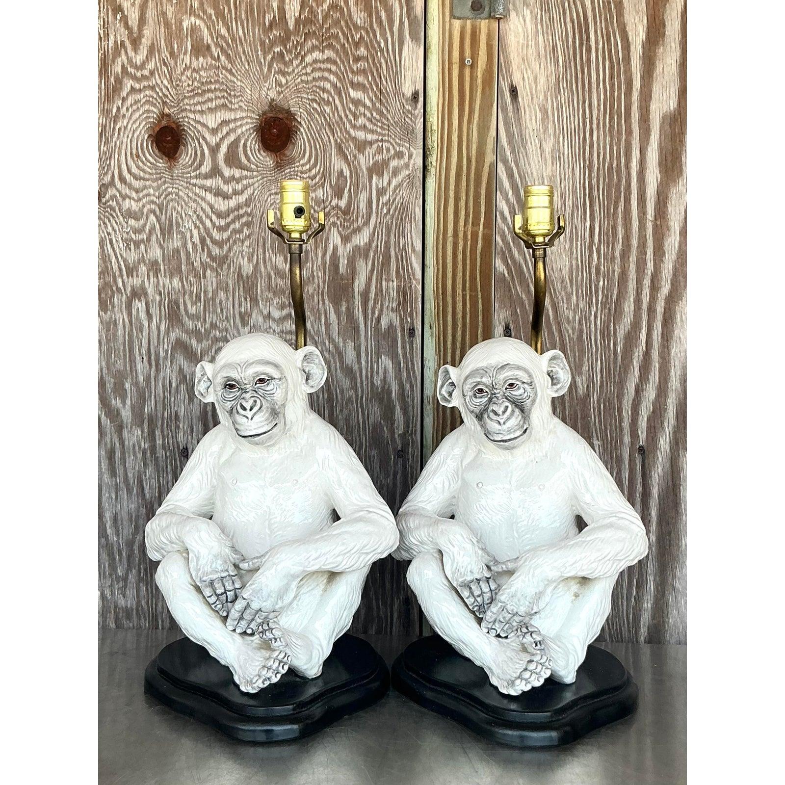 Vintage Boho Italian Glazed Ceramic Monkey Lamps - A Pair For Sale 3