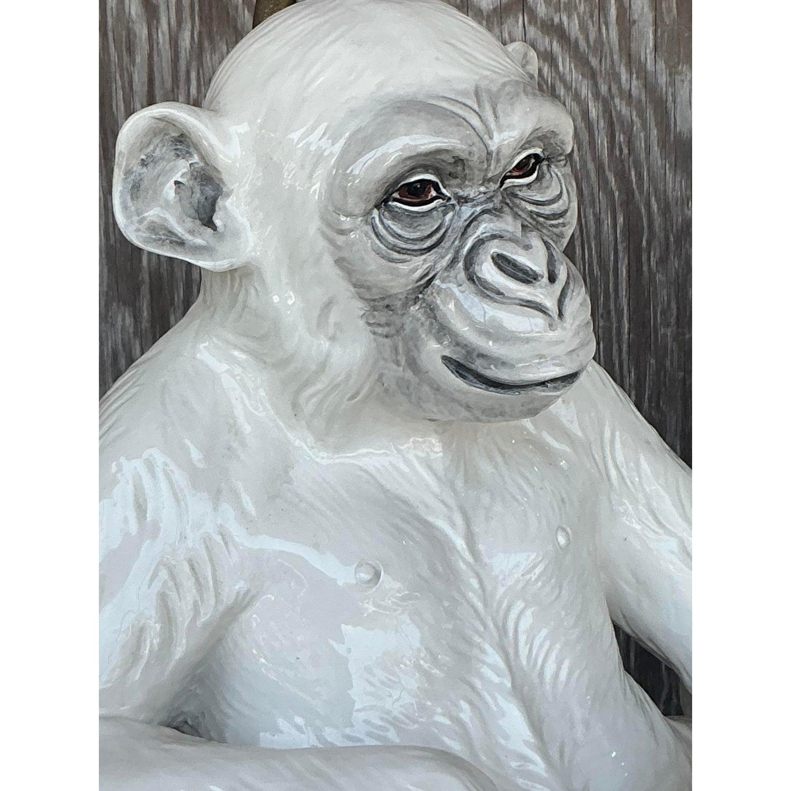 Vintage Boho Italian Glazed Ceramic Monkey Lamps - A Pair For Sale 4