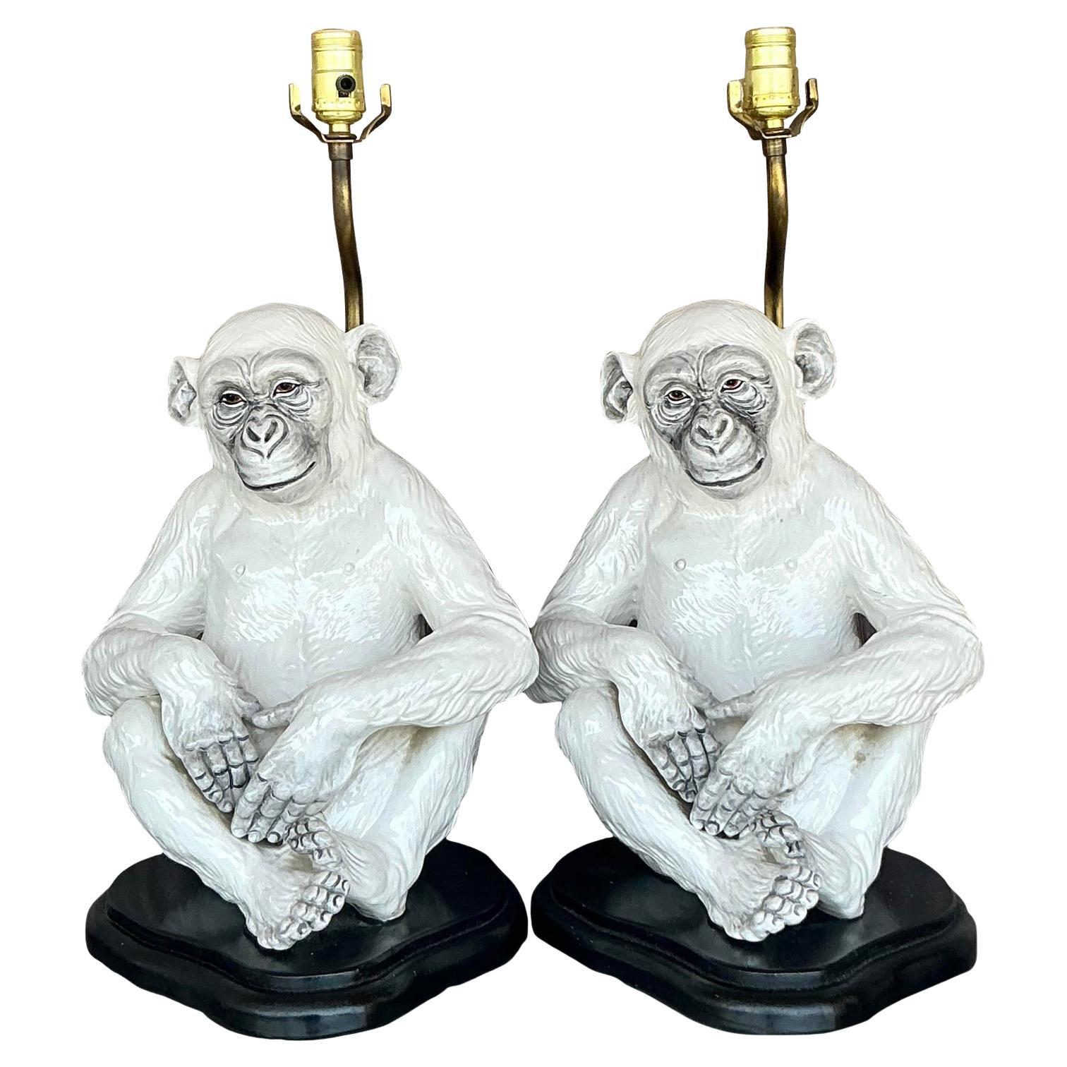 Vintage Boho Italian Glazed Ceramic Monkey Lamps - A Pair For Sale