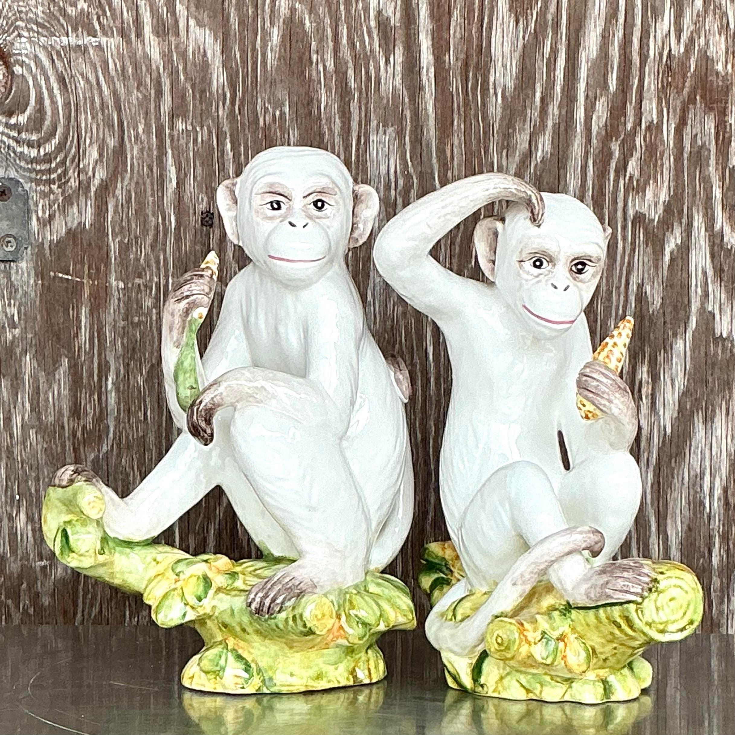 Monkeys italiens vintage Boho en céramique émaillée - Lot de 2 Bon état - En vente à west palm beach, FL