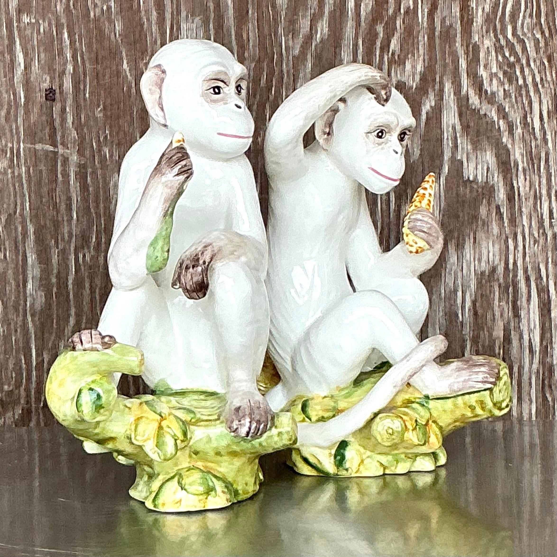 20ième siècle Monkeys italiens vintage Boho en céramique émaillée - Lot de 2 en vente