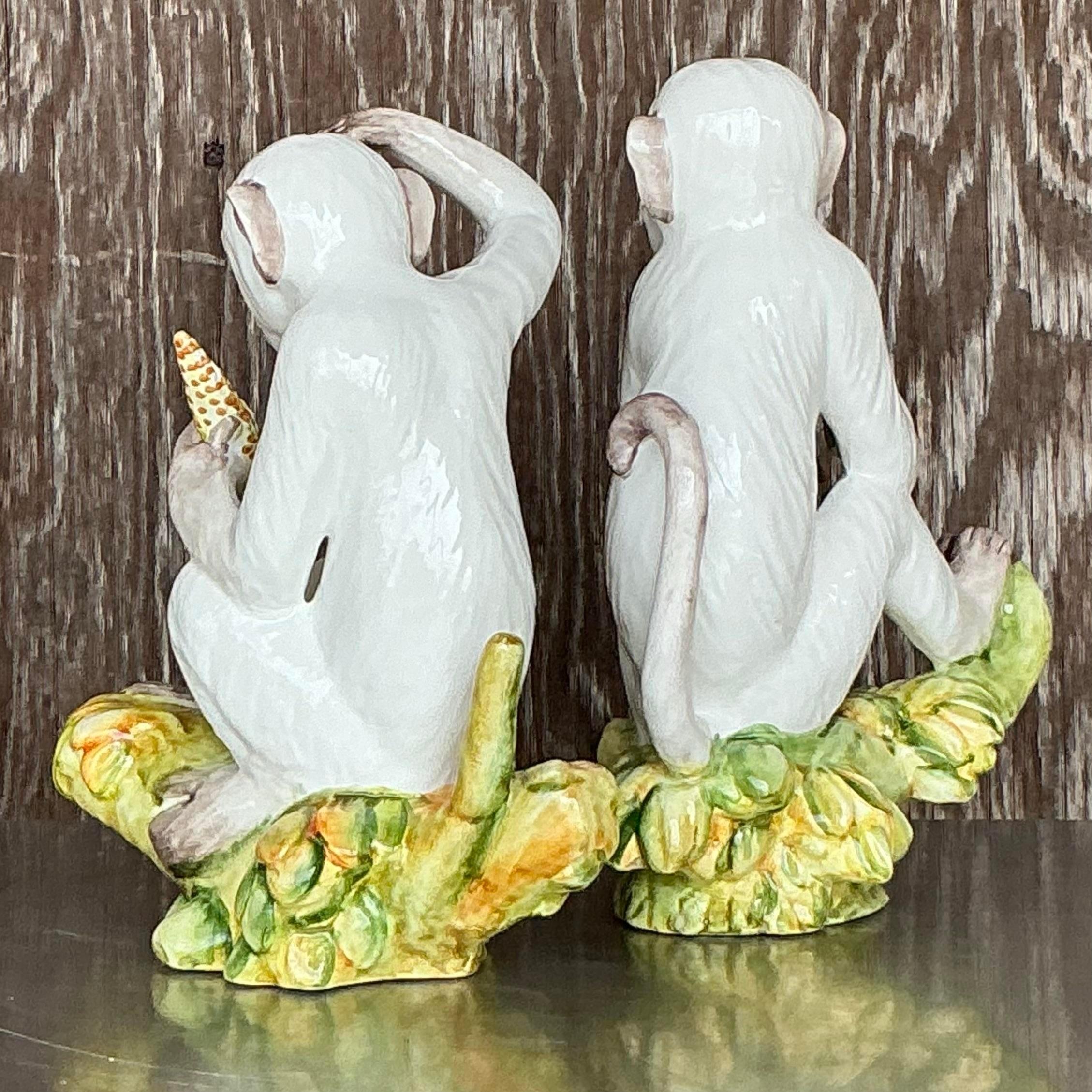 Monkeys italiens vintage Boho en céramique émaillée - Lot de 2 en vente 1