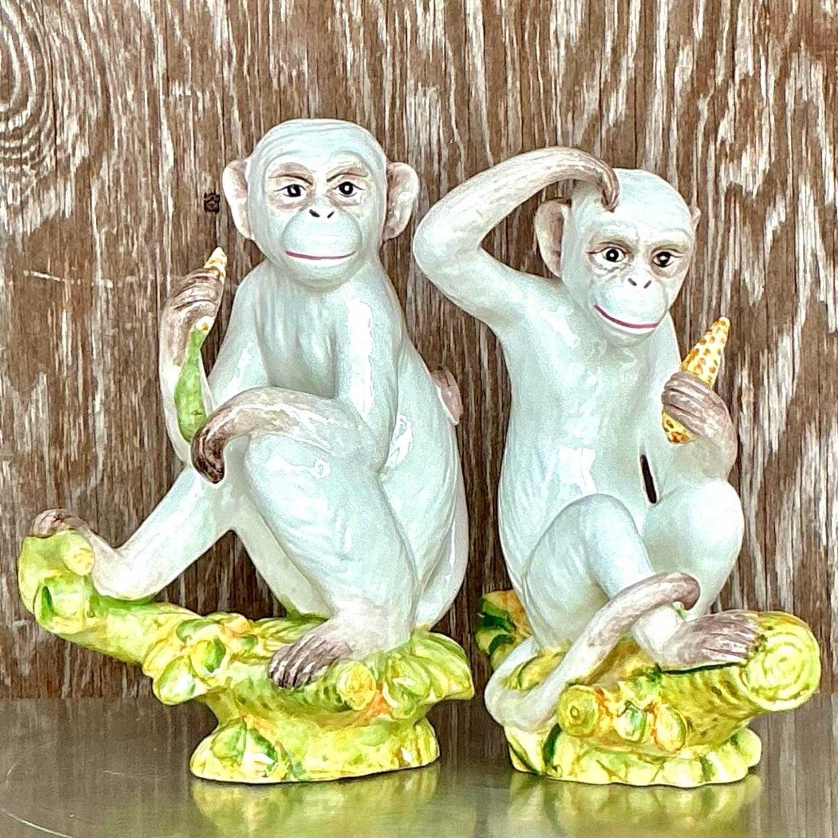 Monkeys italiens vintage Boho en céramique émaillée - Lot de 2 en vente 3