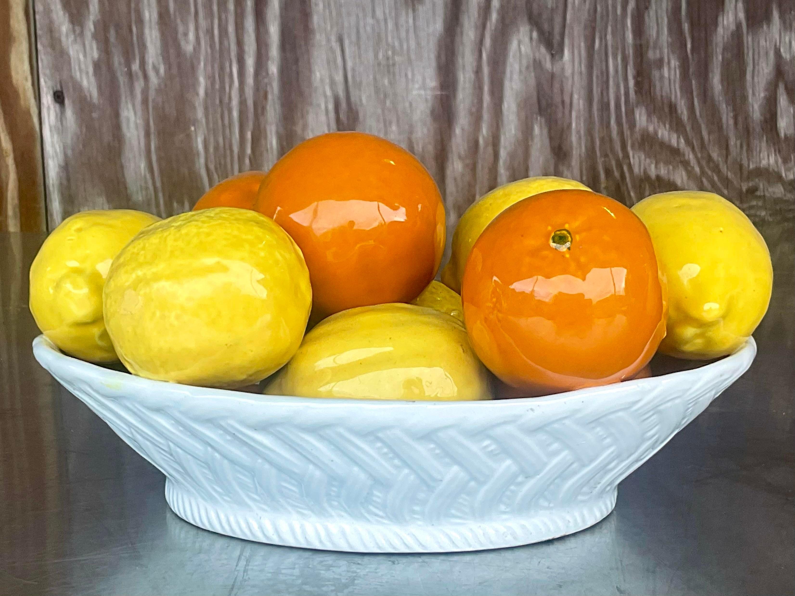 Vintage Boho Italian Glazed Ceramic Oranges and Lemons In Good Condition In west palm beach, FL