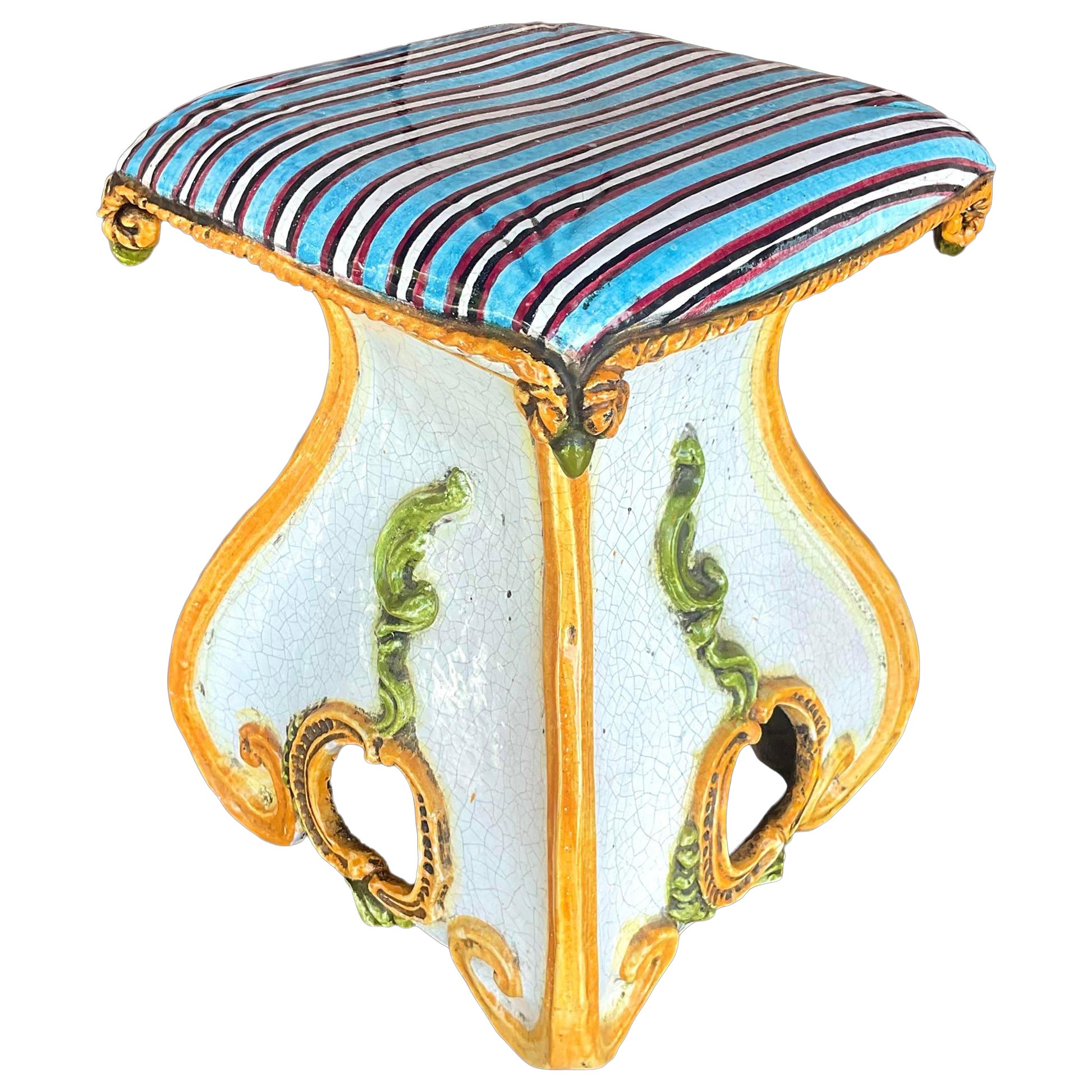 Vintage Boho Italian Glazed Ceramic Stool