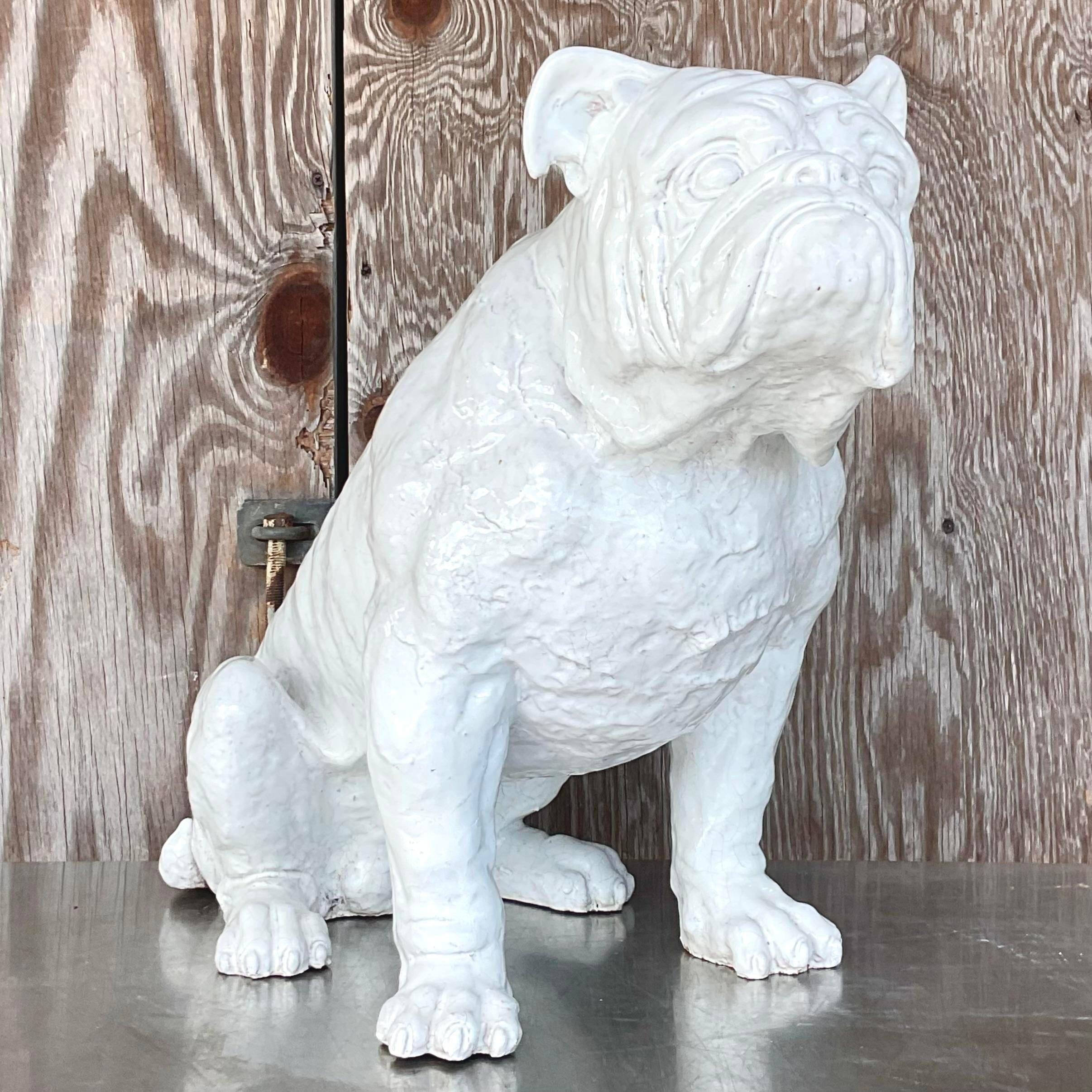 A fabulous vintage Boho Bulldog. A chic glazed terracotta in a gloss white finish. Signed on the bottom. Acquired from a Palm Beach estate.