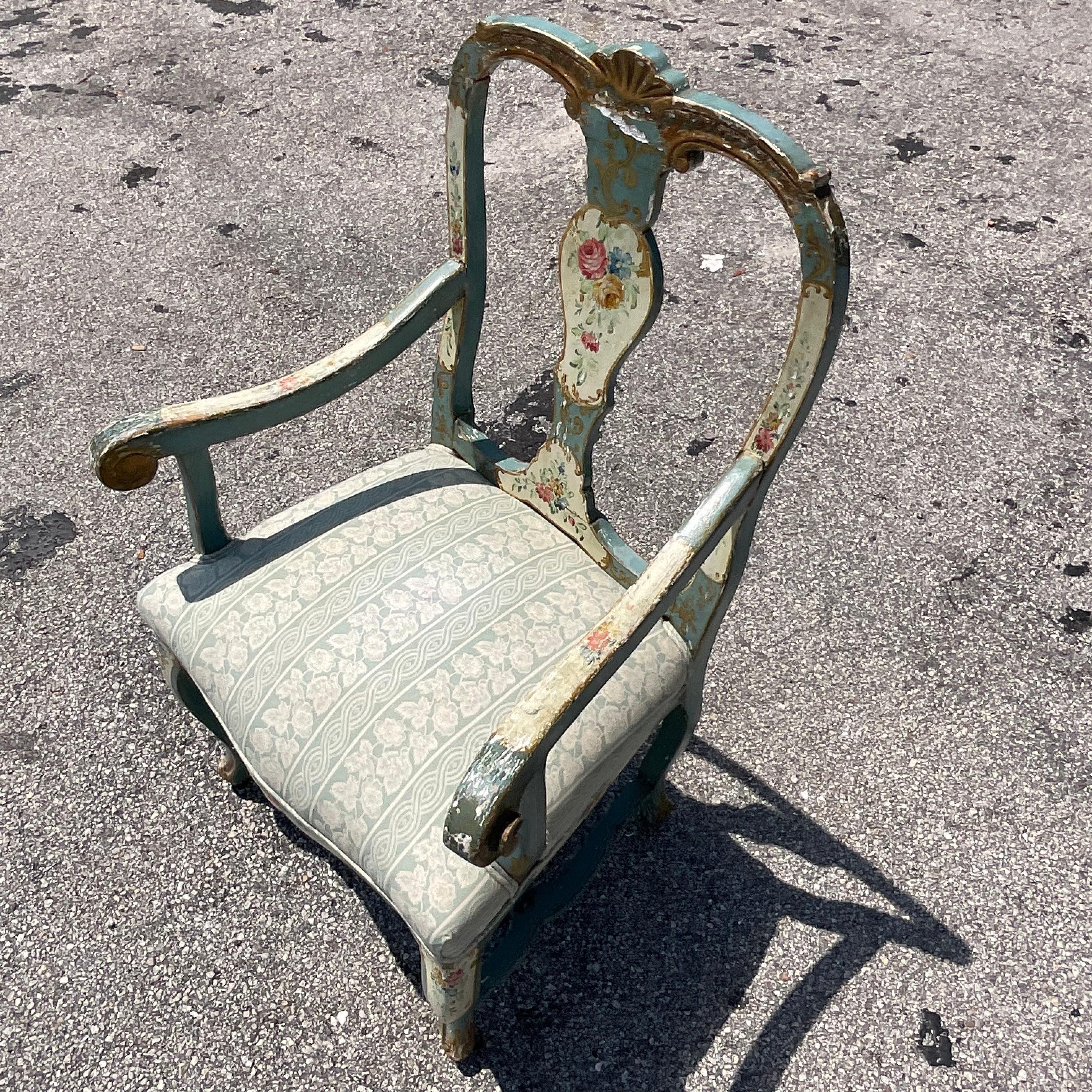 Vintage Boho Italian Hand Painted Arm Chair In Good Condition For Sale In west palm beach, FL