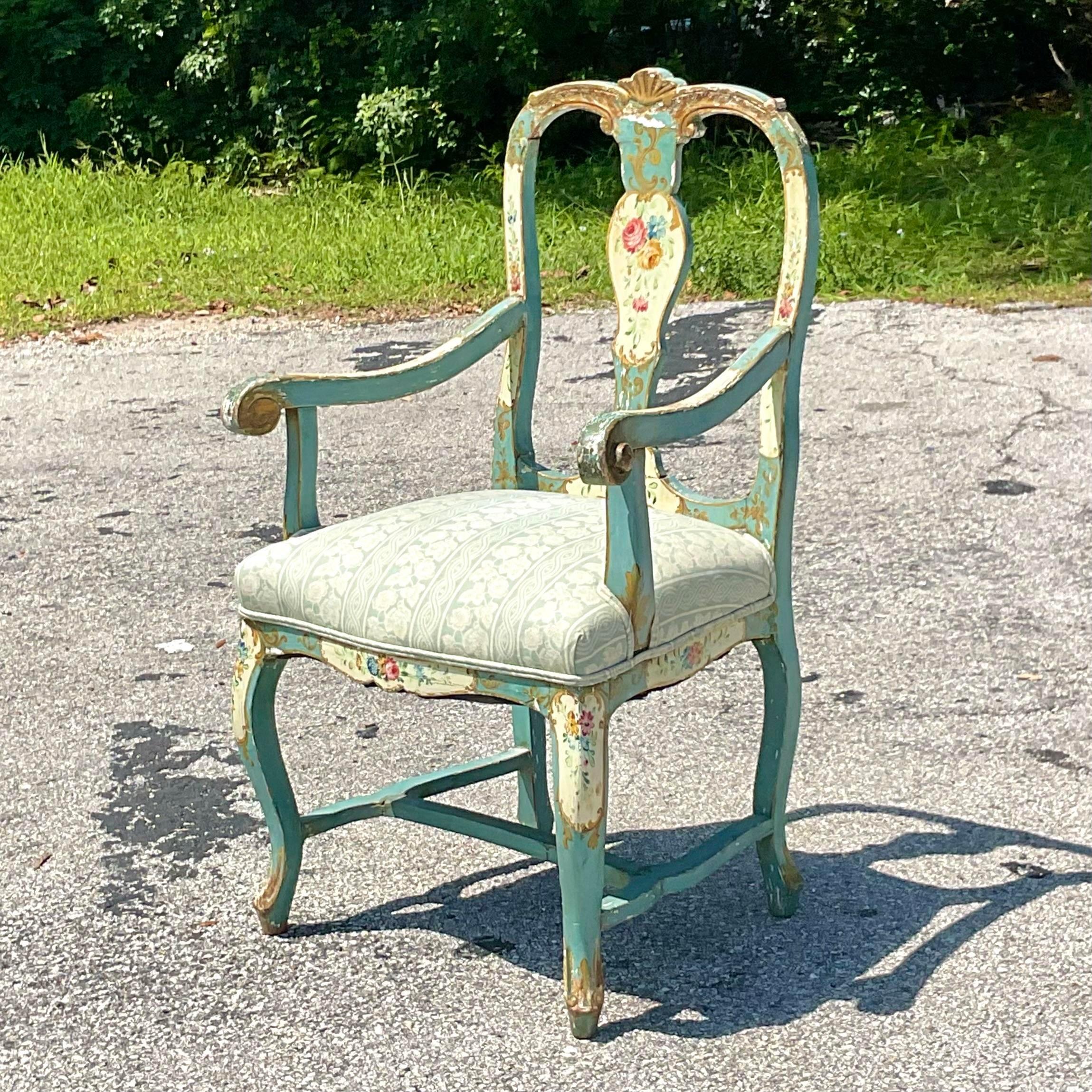 20th Century Vintage Boho Italian Hand Painted Arm Chair For Sale