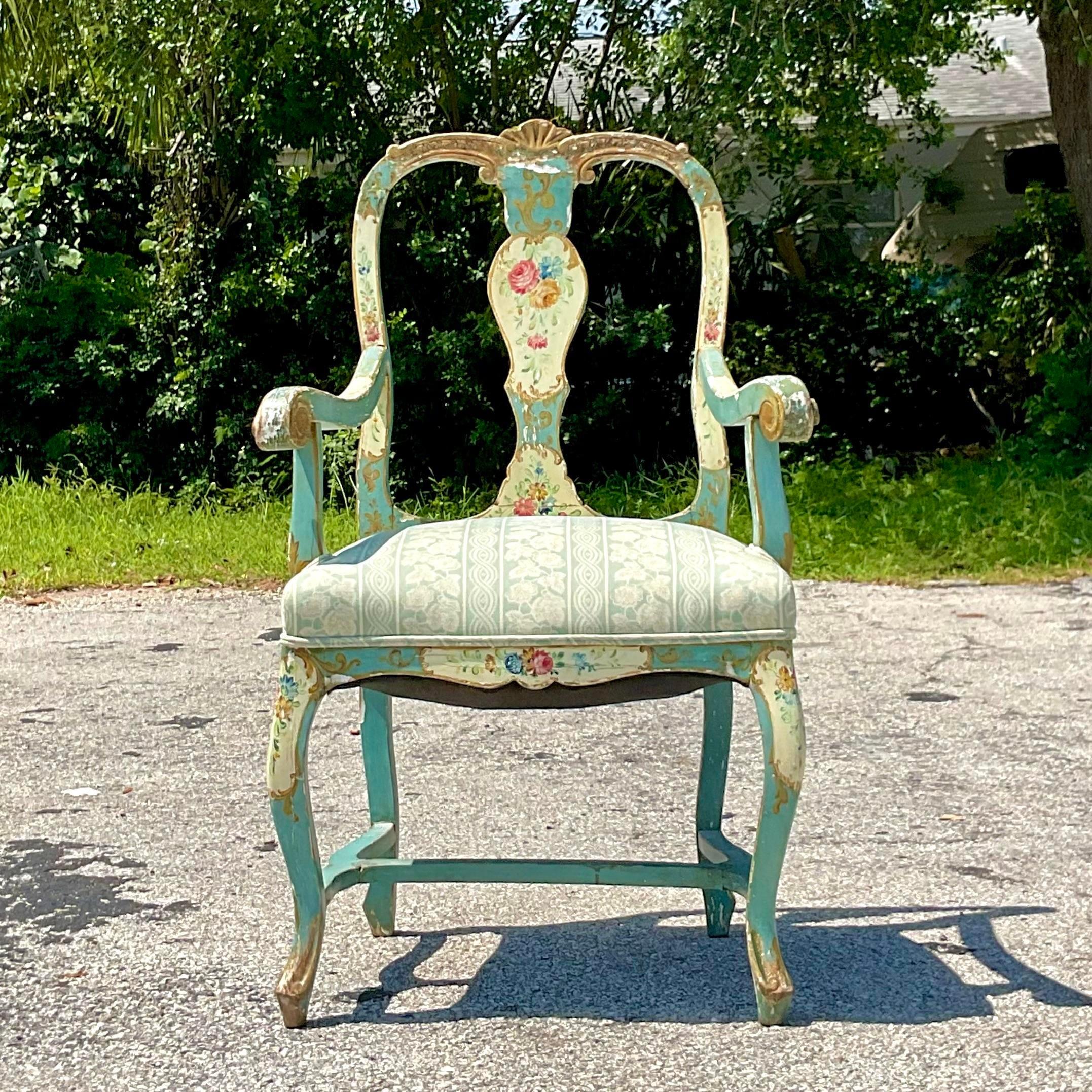 Vintage Boho Italian Hand Painted Arm Chair For Sale 3