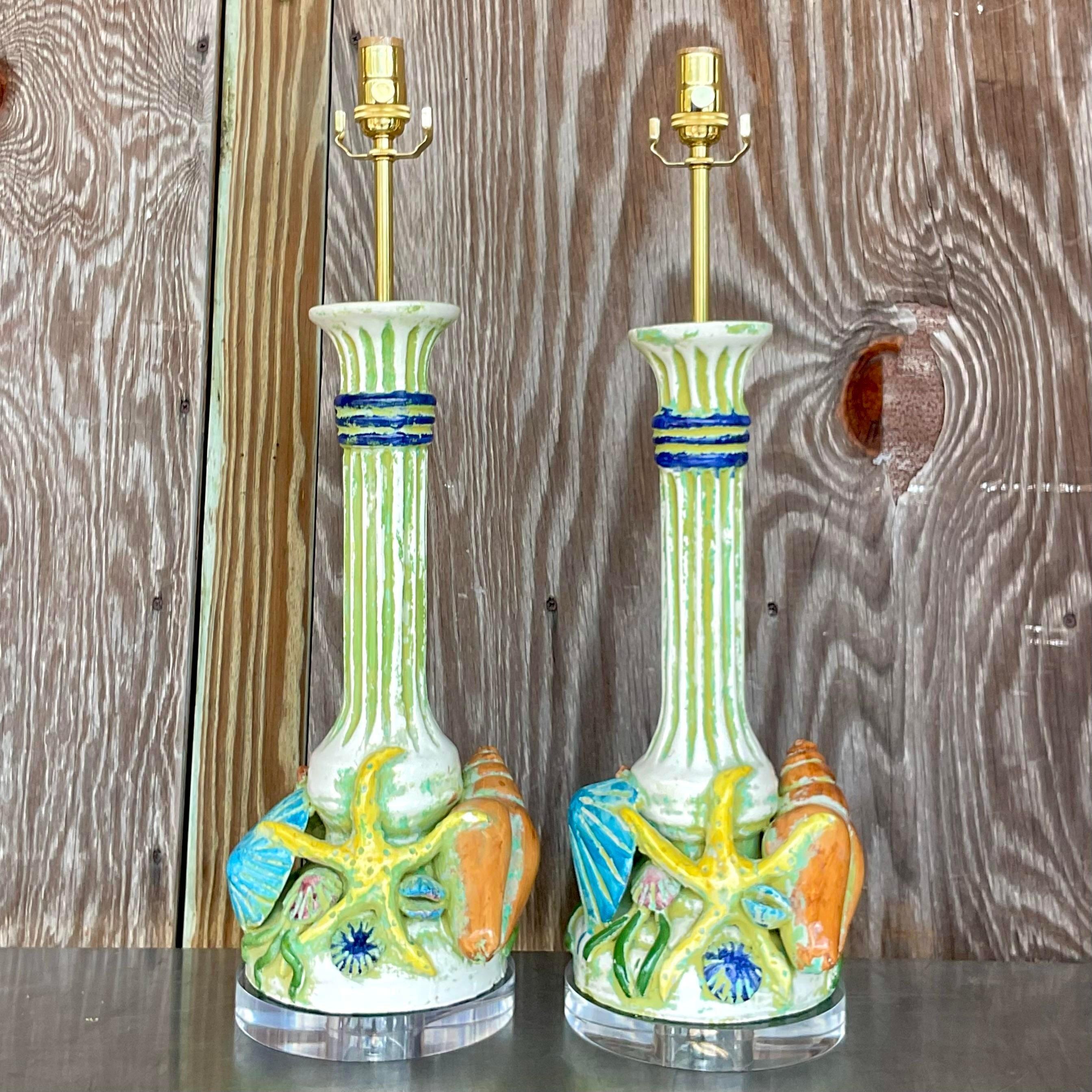 Vintage Boho Italian Hand Painted Shells Ceramic Lamps - a Pair In Good Condition In west palm beach, FL