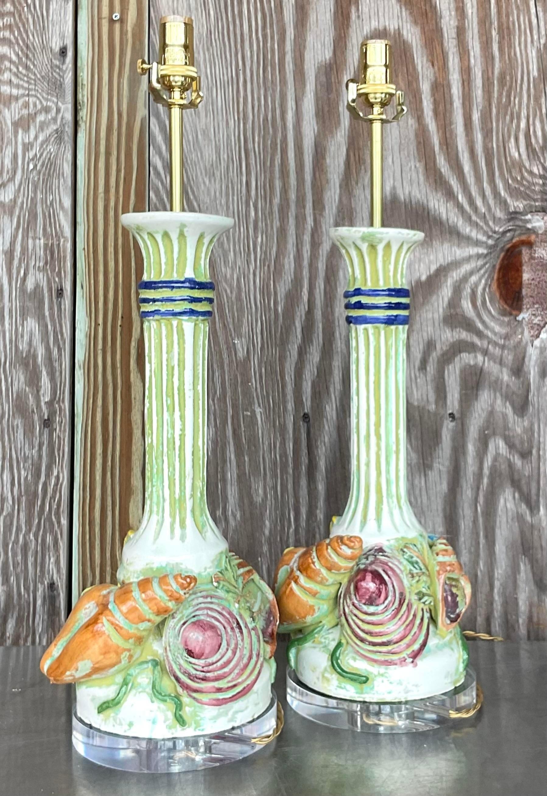 20th Century Vintage Boho Italian Hand Painted Shells Ceramic Lamps - a Pair