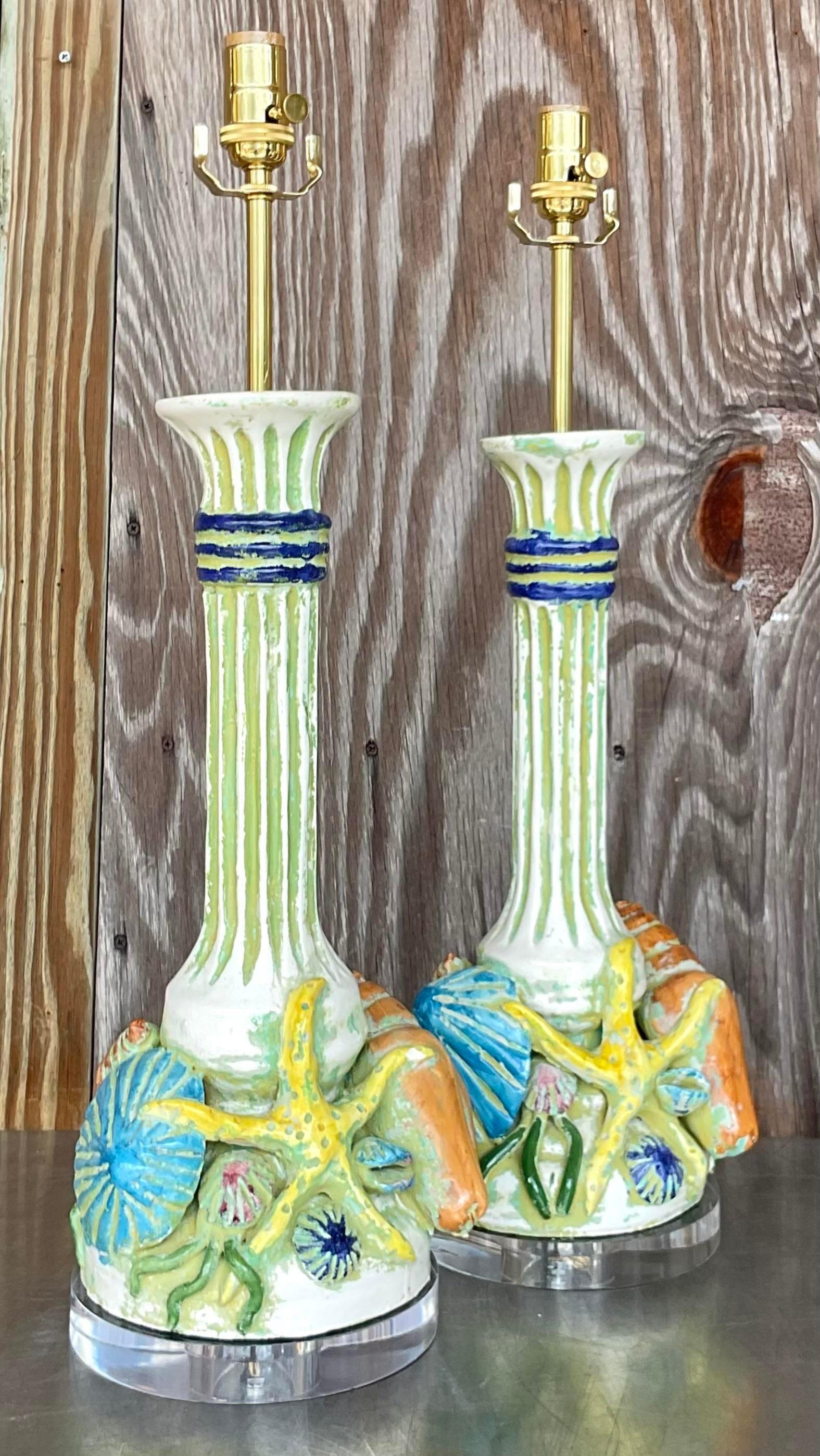 Vintage Boho Italian Hand Painted Shells Ceramic Lamps - a Pair 1
