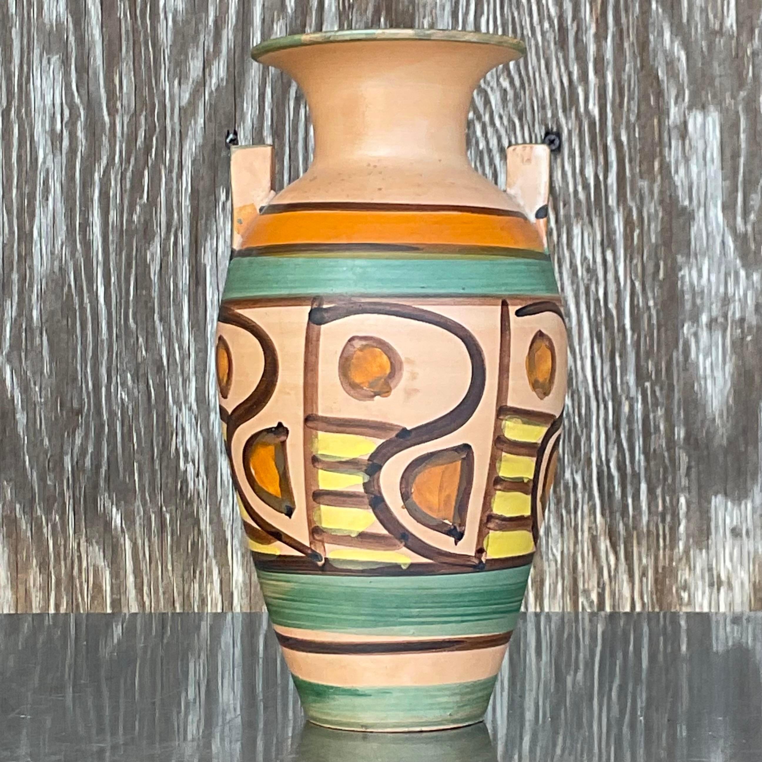20th Century Vintage Boho Italian Hand Painted Vase For Sale