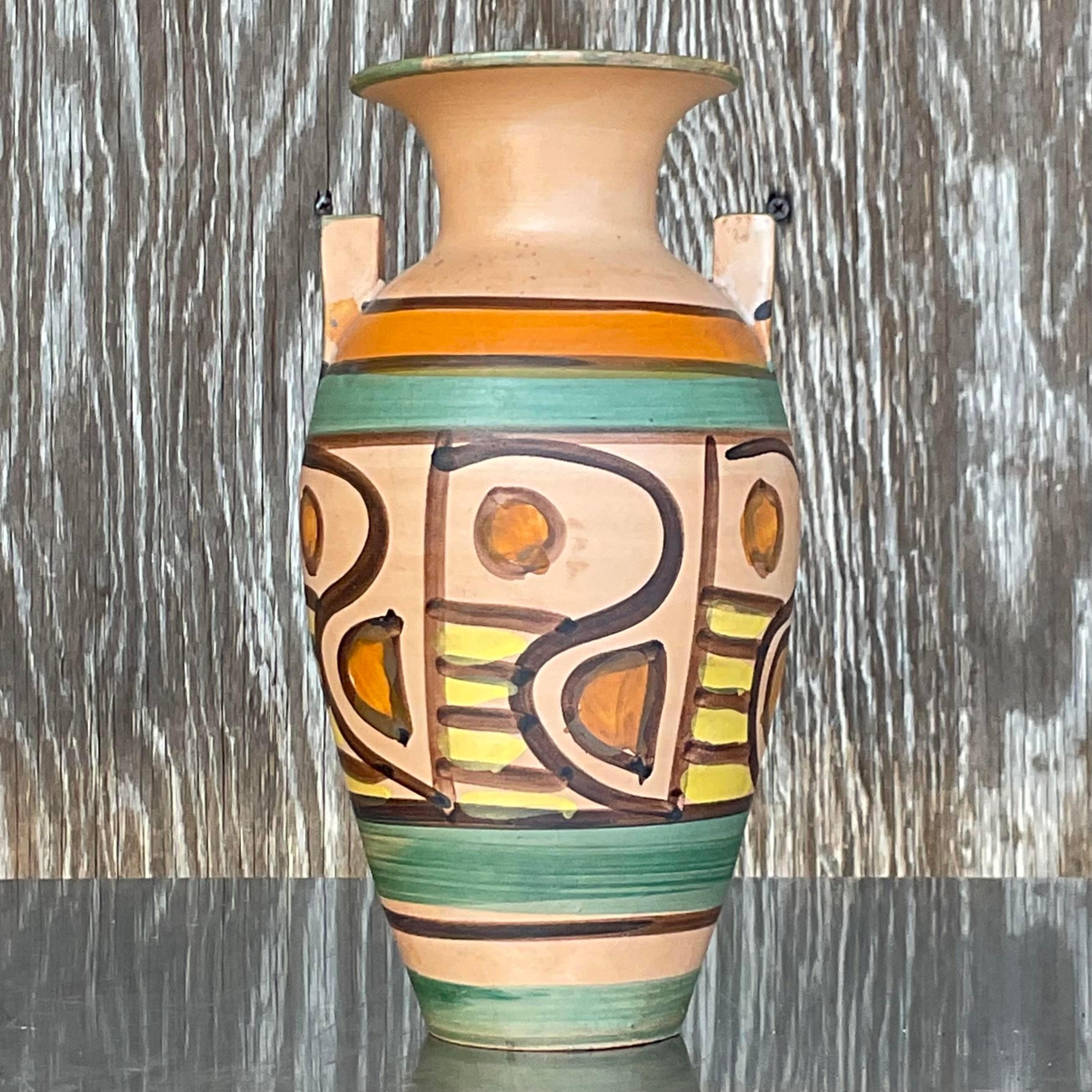 Ceramic Vintage Boho Italian Hand Painted Vase For Sale