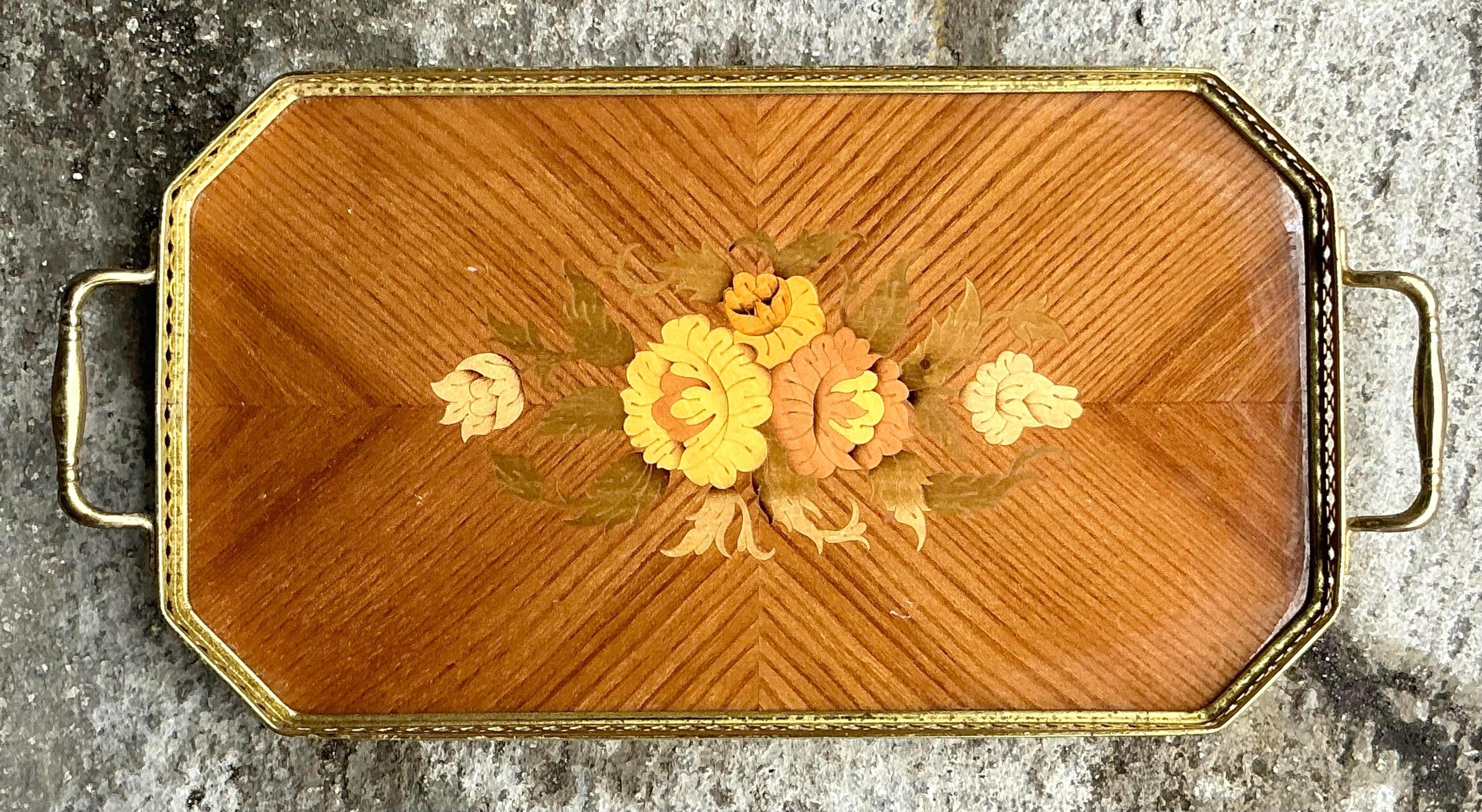 Bandeja Galería Vintage Boho Italiana Marquetería Latón Italiano en venta