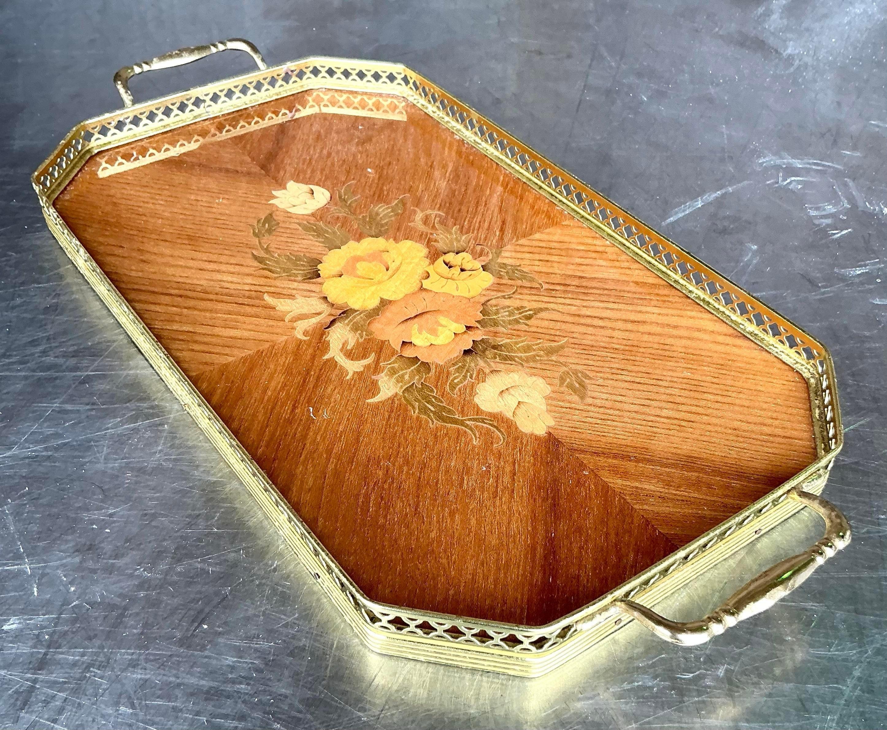 Bandeja Galería Vintage Boho Italiana Marquetería Latón siglo XX en venta