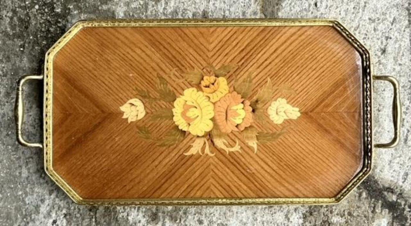 Bandeja Galería Vintage Boho Italiana Marquetería Latón Metal en venta