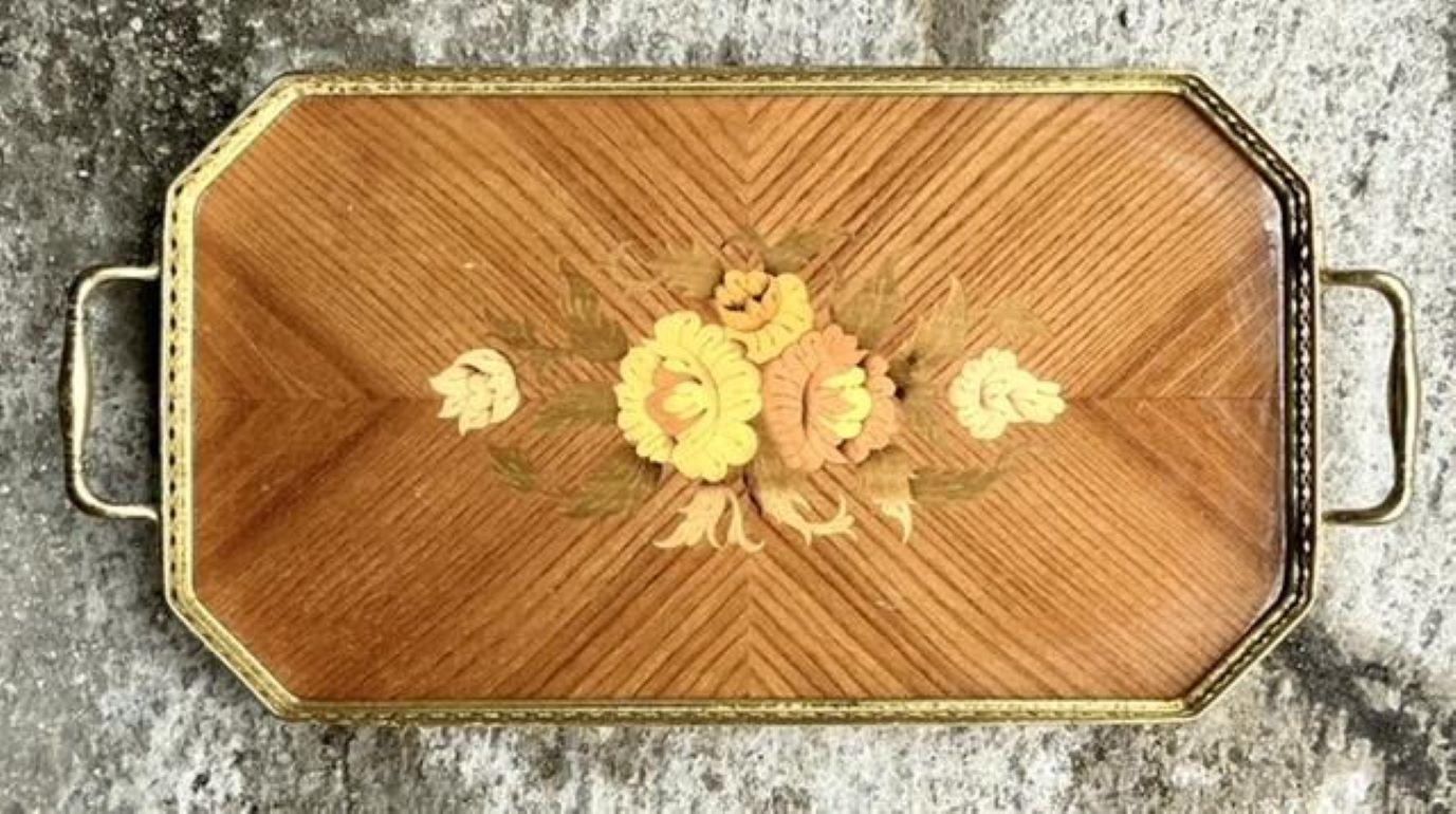 Bandeja Galería Vintage Boho Italiana Marquetería Latón en venta 1