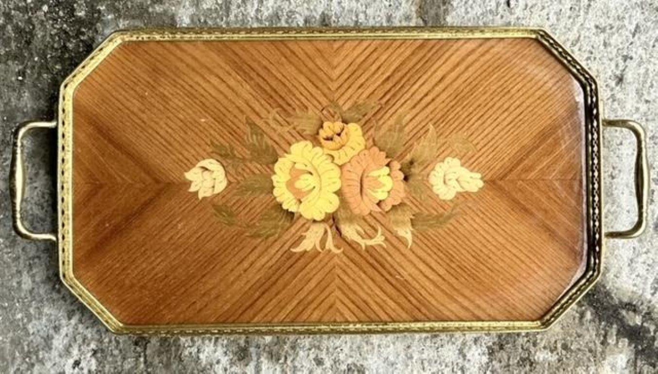 Bandeja Galería Vintage Boho Italiana Marquetería Latón en venta 2