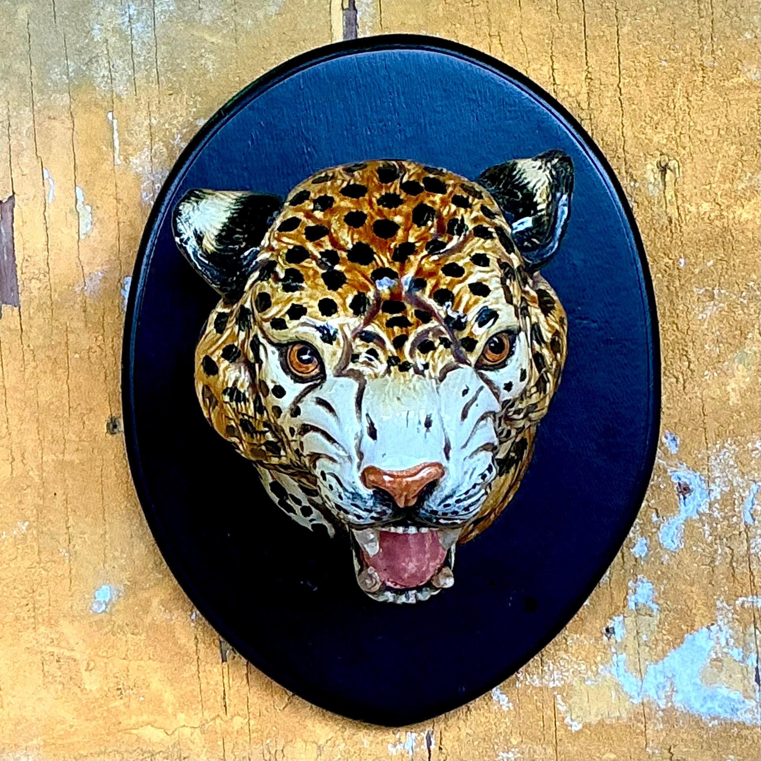 20th Century Vintage Boho Italian Mounted Ceramic Tiger Head For Sale