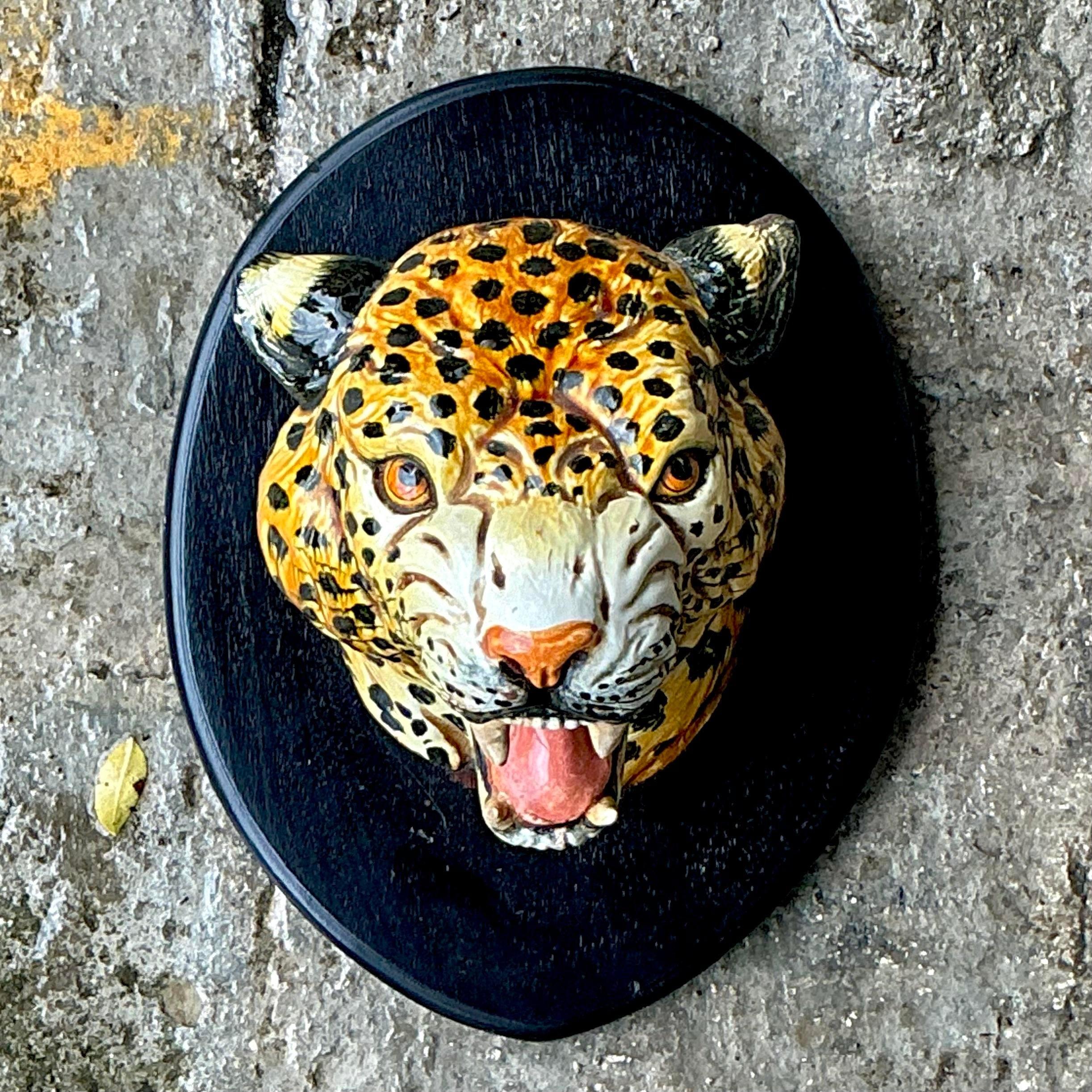 Vintage Boho Italian Mounted Ceramic Tiger Head For Sale 2