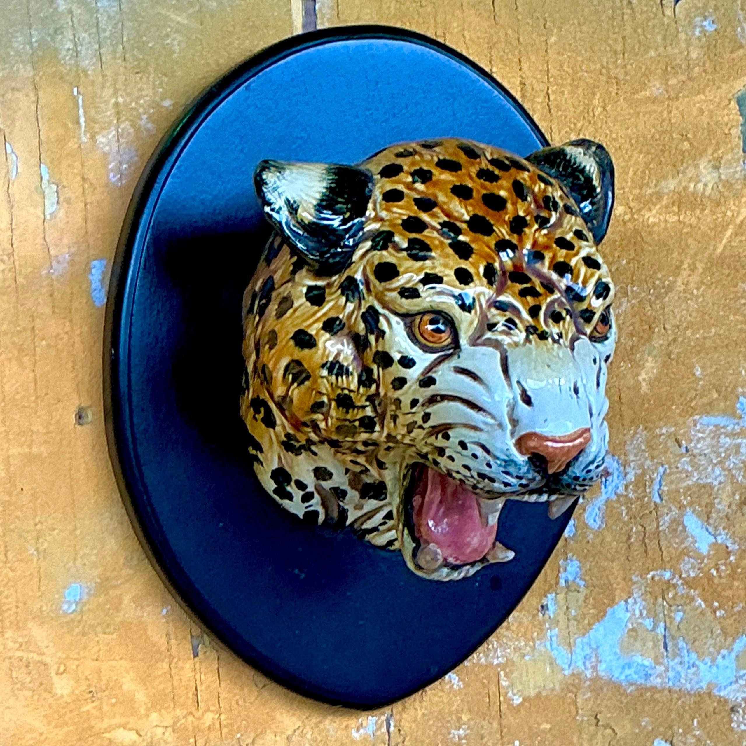 Vintage Boho Italian Mounted Ceramic Tiger Head For Sale 3