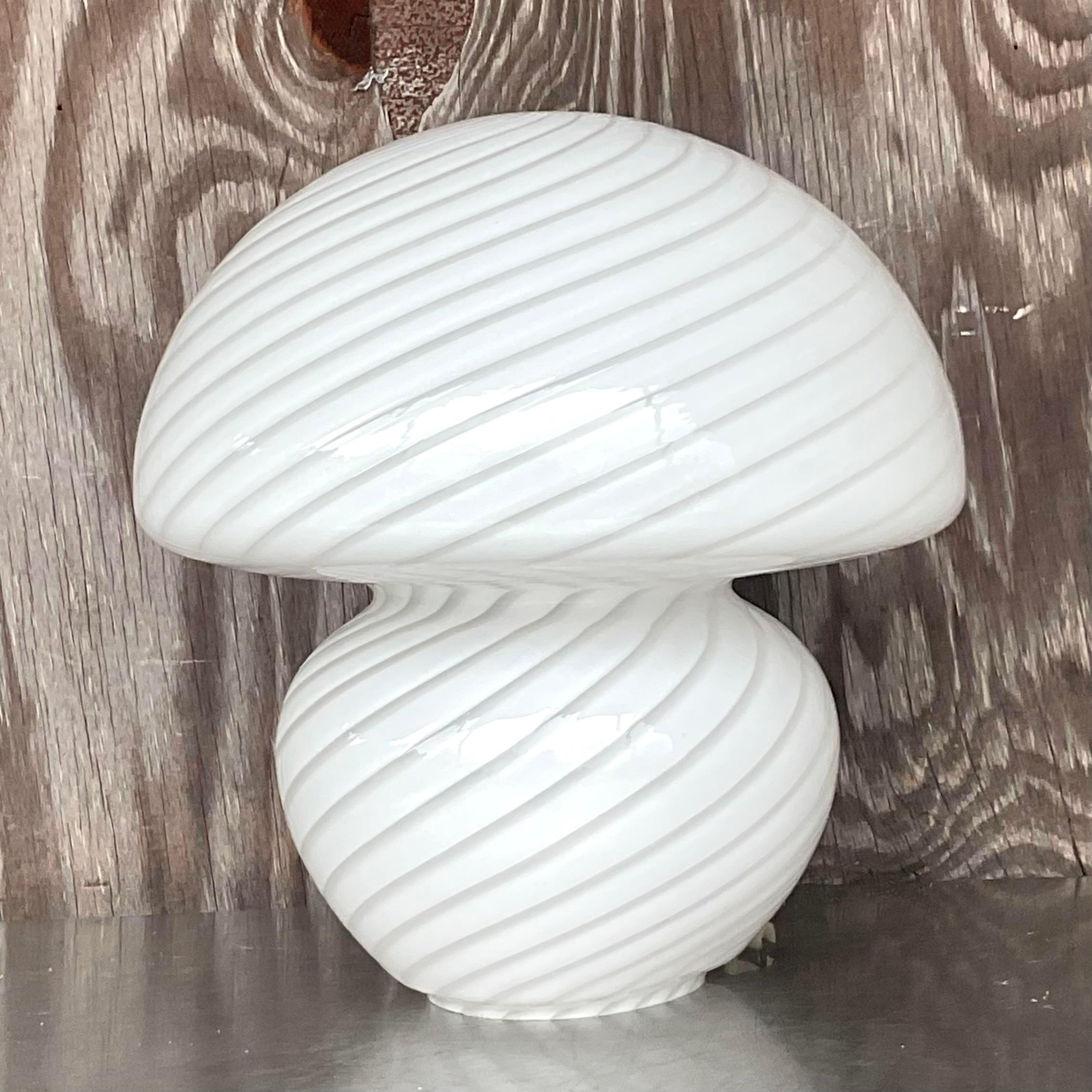 A stunning vintage Boho table lamp. The classic Murano mushroom style in a swirled glass design. Unmarked. Acquired from a Palm Beach estate.