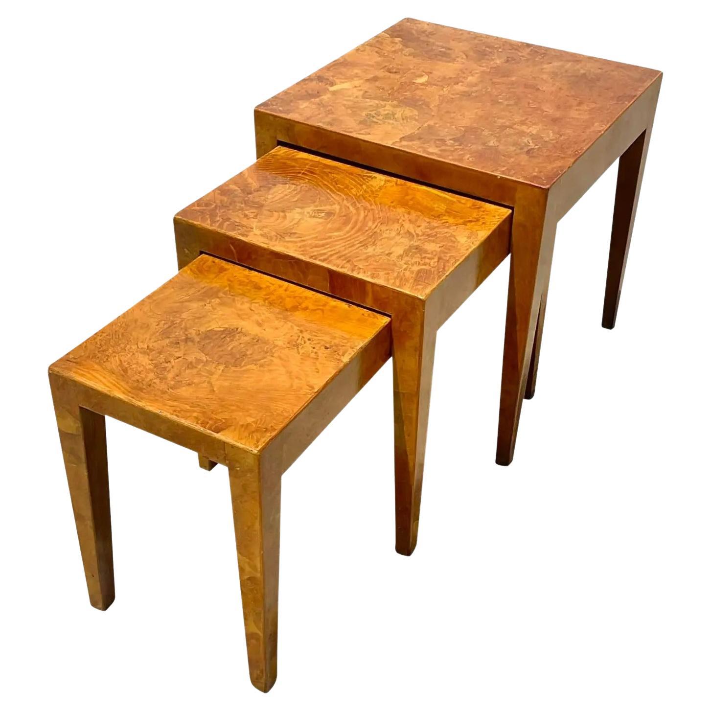 Midcentury Burl Wood Nesting Tables with Brass Inlay at 1stDibs
