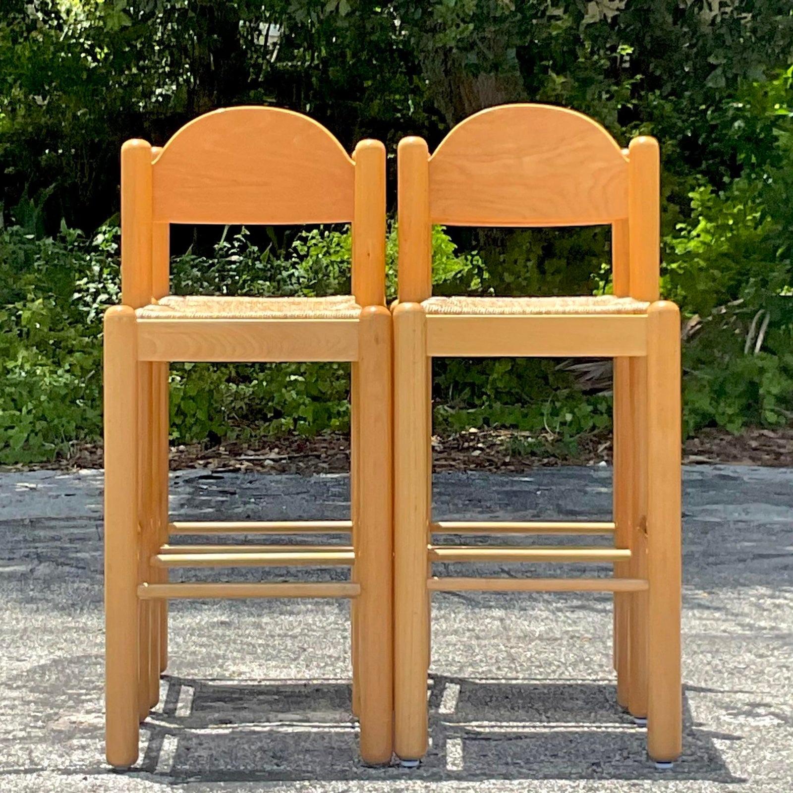 20th Century Vintage Boho Italian Padova Rush Seat Barstools After Lowenstein - Set of 4 For Sale